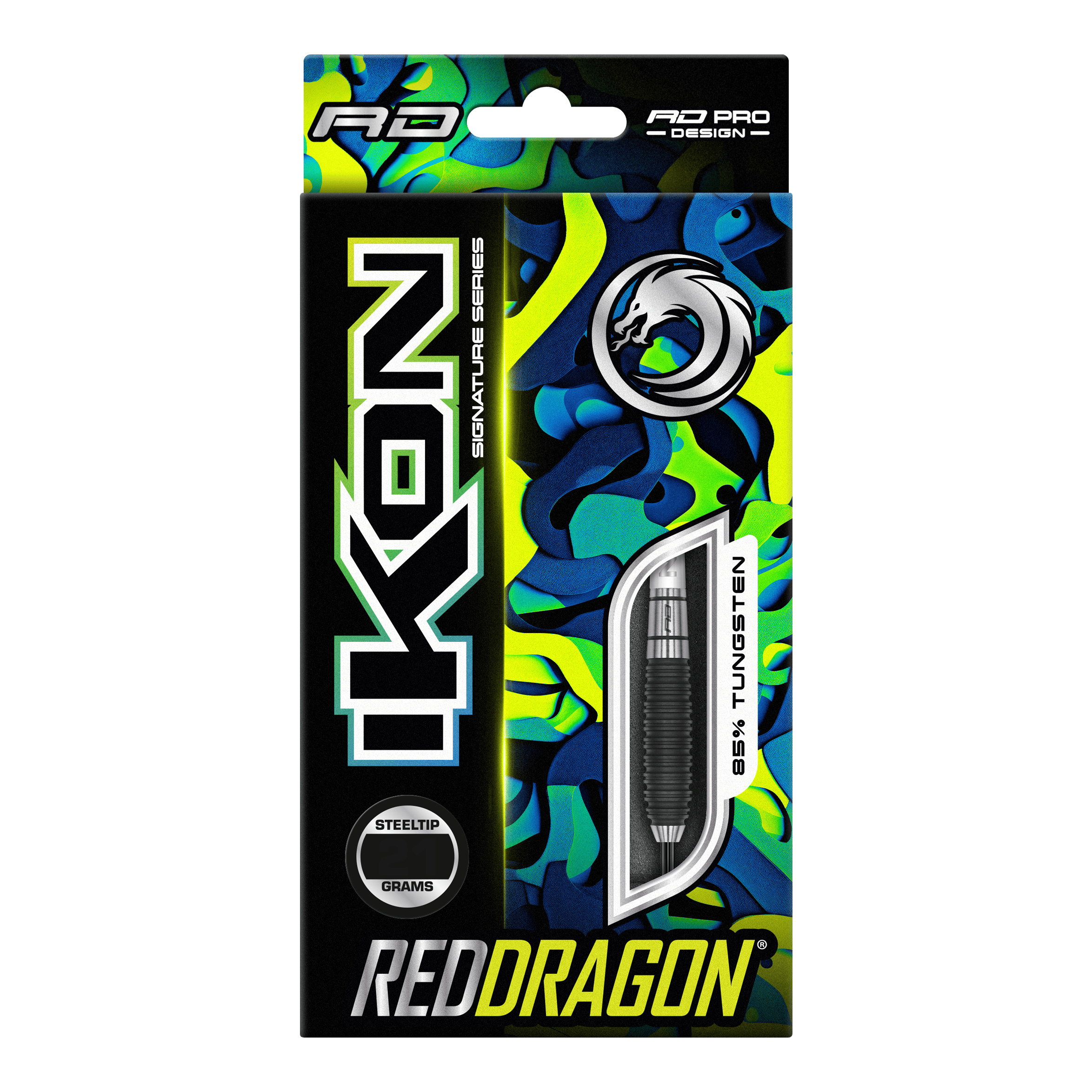Red Dragon Ikon 3 Steeldarts Auf dem Bild ist die Verpackung der "Red Dragon Ikon 3 Steeldarts" zu sehen. Die Packung ist bunt gestaltet und hebt hervor, dass die Darts aus 85% Tungsten bestehen.