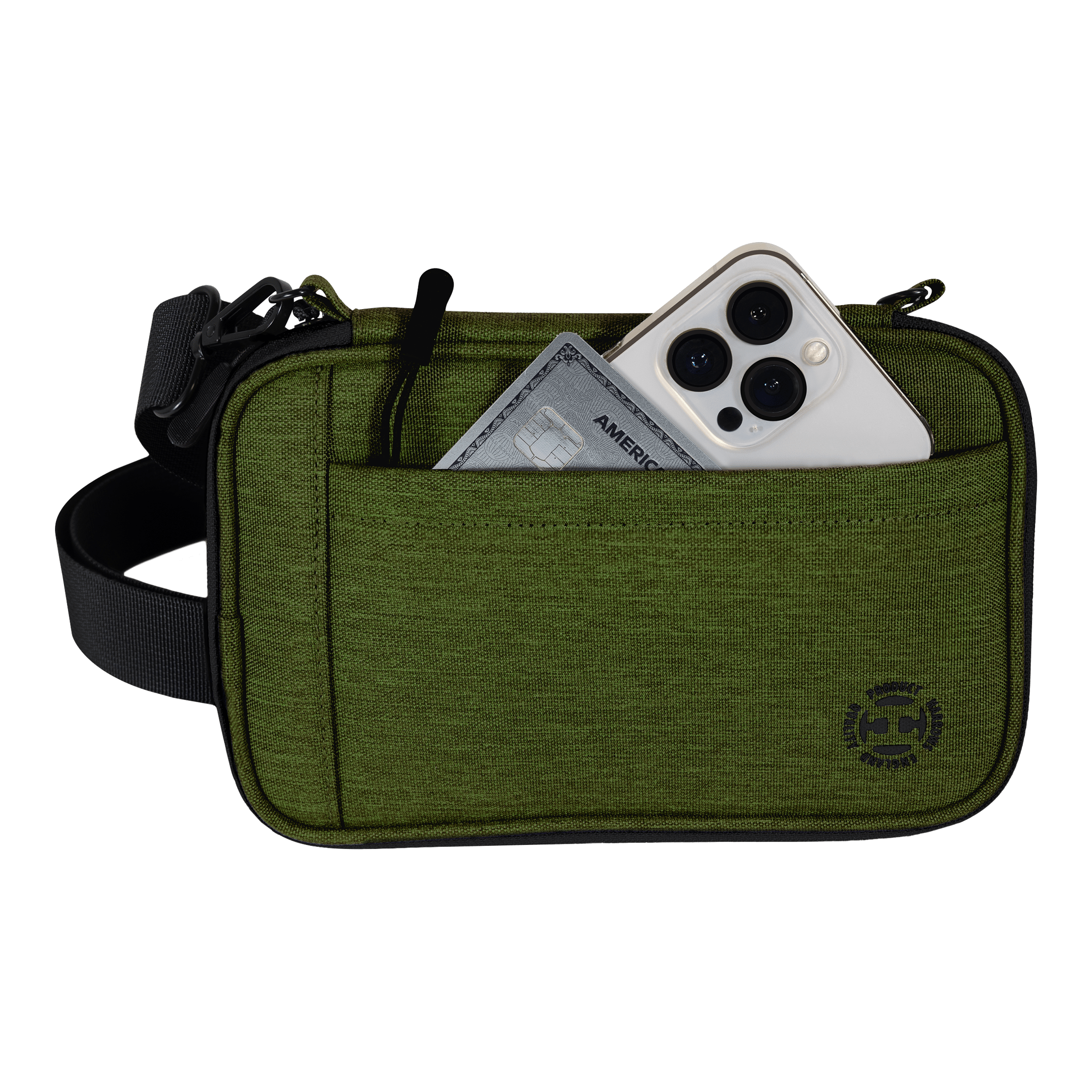 Harrows Smart Case XL dart wallet Die Abbildung zeigt eine grüne Tasche mit einem Schultergurt. In der Fronttasche stecken ein Smartphone und eine Kreditkarte.