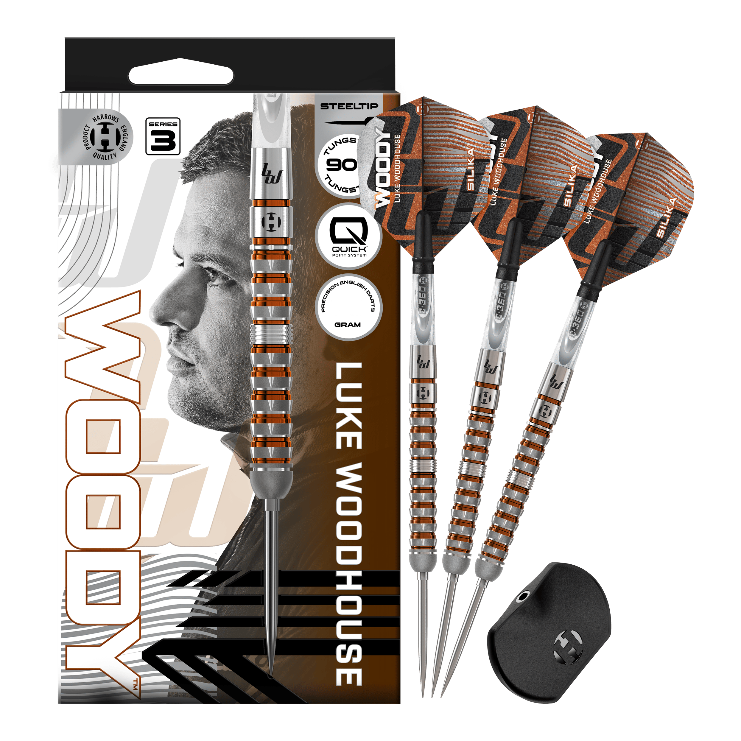 Gezeigt werden die Harrows Luke Woodhouse Series 3 Quick Point Steeldarts. Sie bieten eine hochwertige Verarbeitung und ein modernes Design.