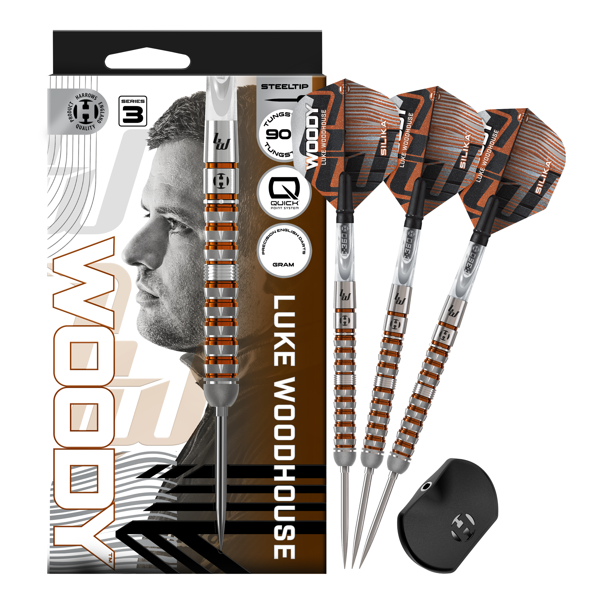 Harrow's Luke Woodhouse Series 3 Quick Point Steel Darts Gezeigt werden die Harrows Luke Woodhouse Series 3 Quick Point Steeldarts. Sie bieten eine hochwertige Verarbeitung und ein modernes Design.