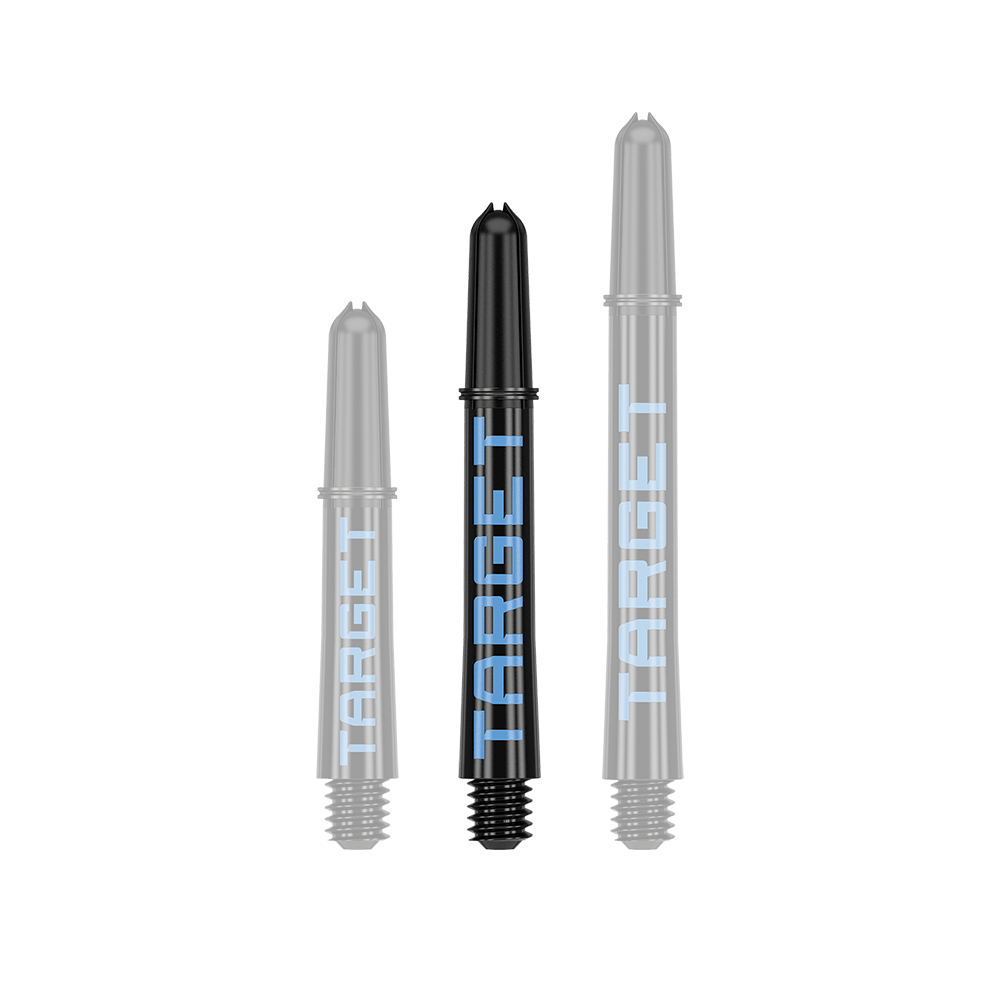 Target Pro Grip TAG Shafts - 3 Sets - Black Blue Das Bild zeigt drei schwarze Dartschäfte in unterschiedlicher Länge mit blauer Aufschrift "TARGET". Sie sind in einer Reihe nebeneinander angeordnet.
