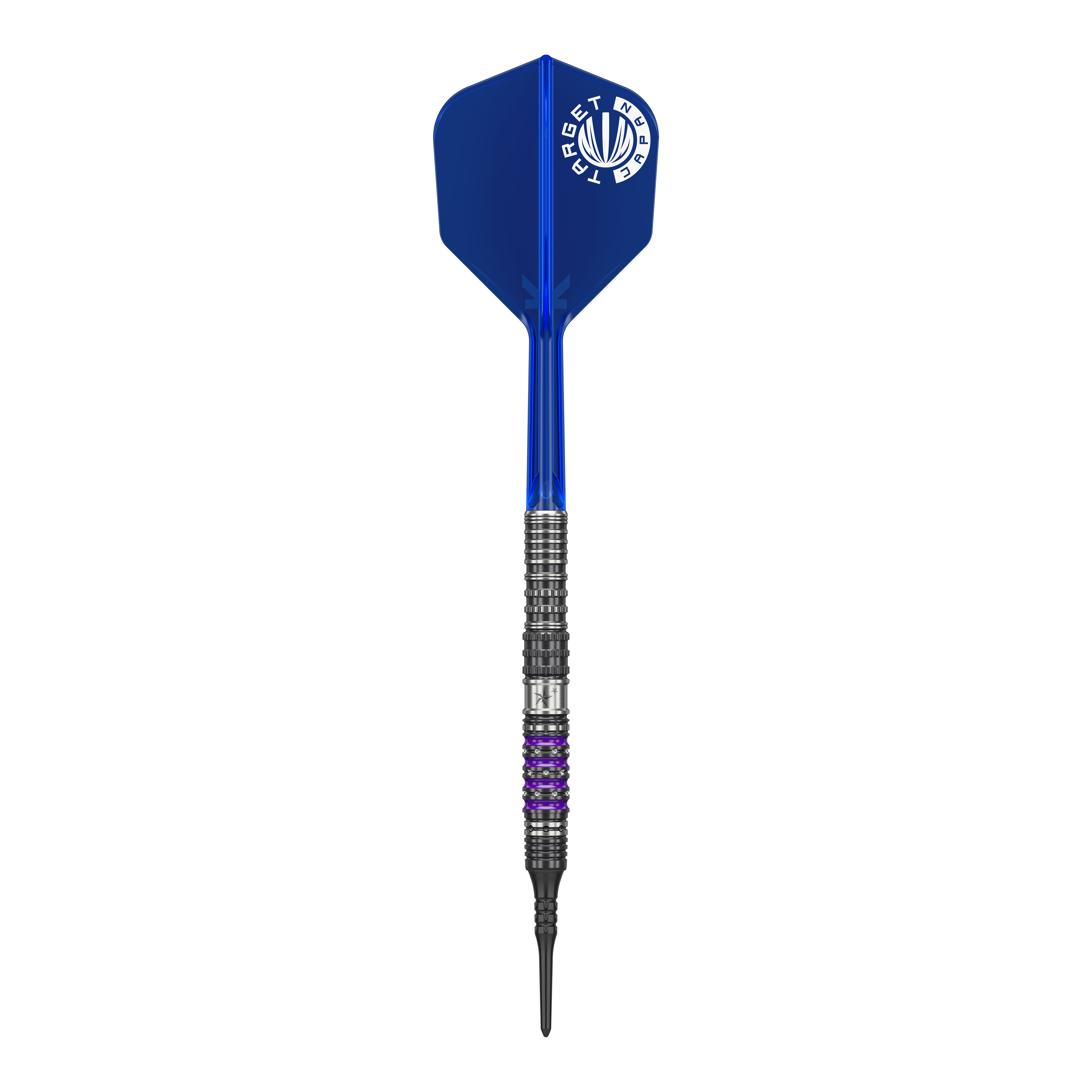 Target Japan Prime Series Sirius GEN4 Soft Darts - 21.5g Auf dem Bild ist ein Softdart aus der Serie "Target Japan Prime Series Sirius GEN4" mit einem Gewicht von 21,5g zu sehen. Der Dart hat eine blaue Flight und einen schwarz-silbernen Schaft mit lila Akzenten.