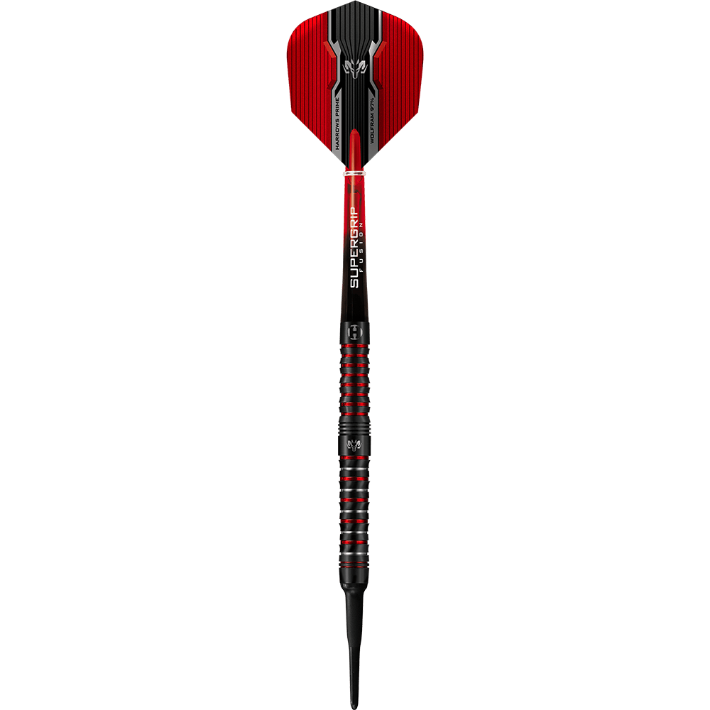 HA17041-Harrows-Wolfram-Infinity-97-Tungsten-Softdarts-1mPVfqJARgMEnx Das Bild zeigt einen Harrows Wolfram Infinity 97% Tungsten Softdart. Der Dartpfeil ist schwarz und rot mit auffälligen Griffmulden und einem modernen Design.