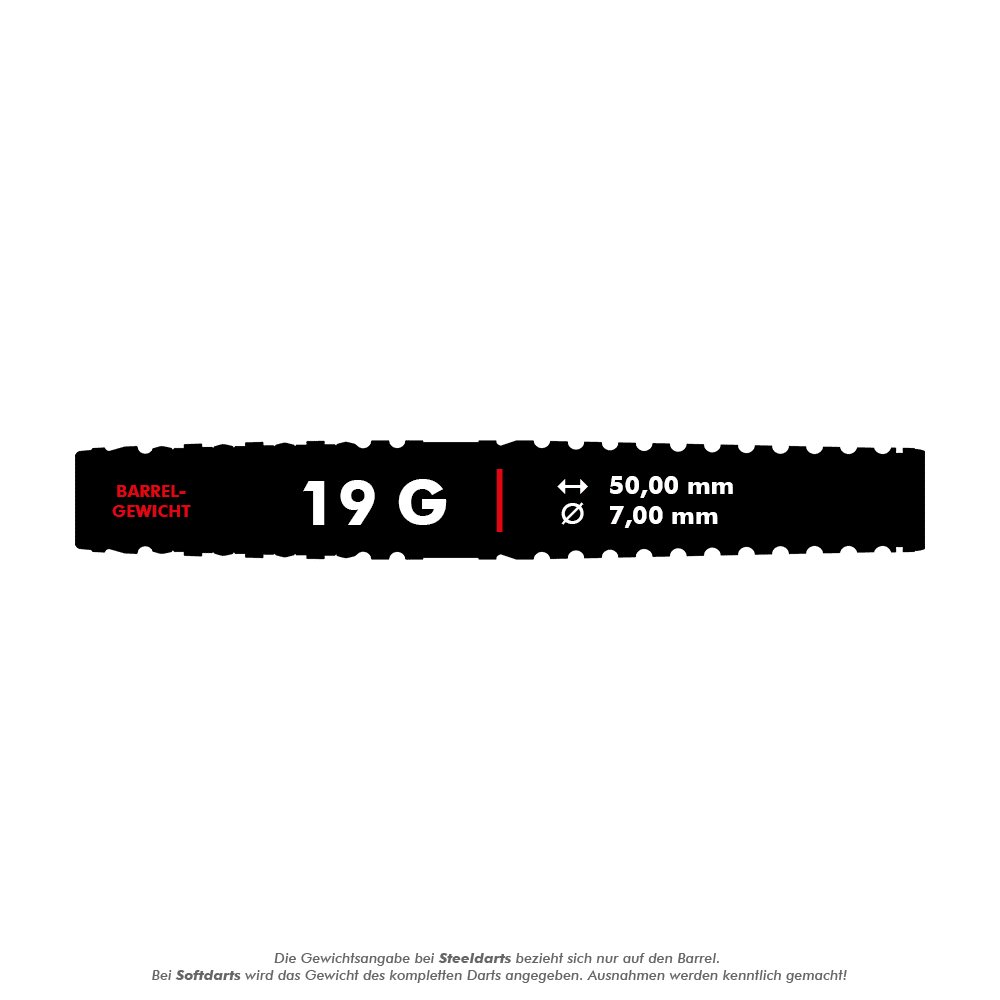 Target Japan Paul Lim The Legend GEN8 Soft Darts - 19g Das Bild zeigt die Spezifikationen eines Darts mit einem Gewicht von 19 Gramm. Die Länge beträgt 50,00 mm und der Durchmesser 7,00 mm.
