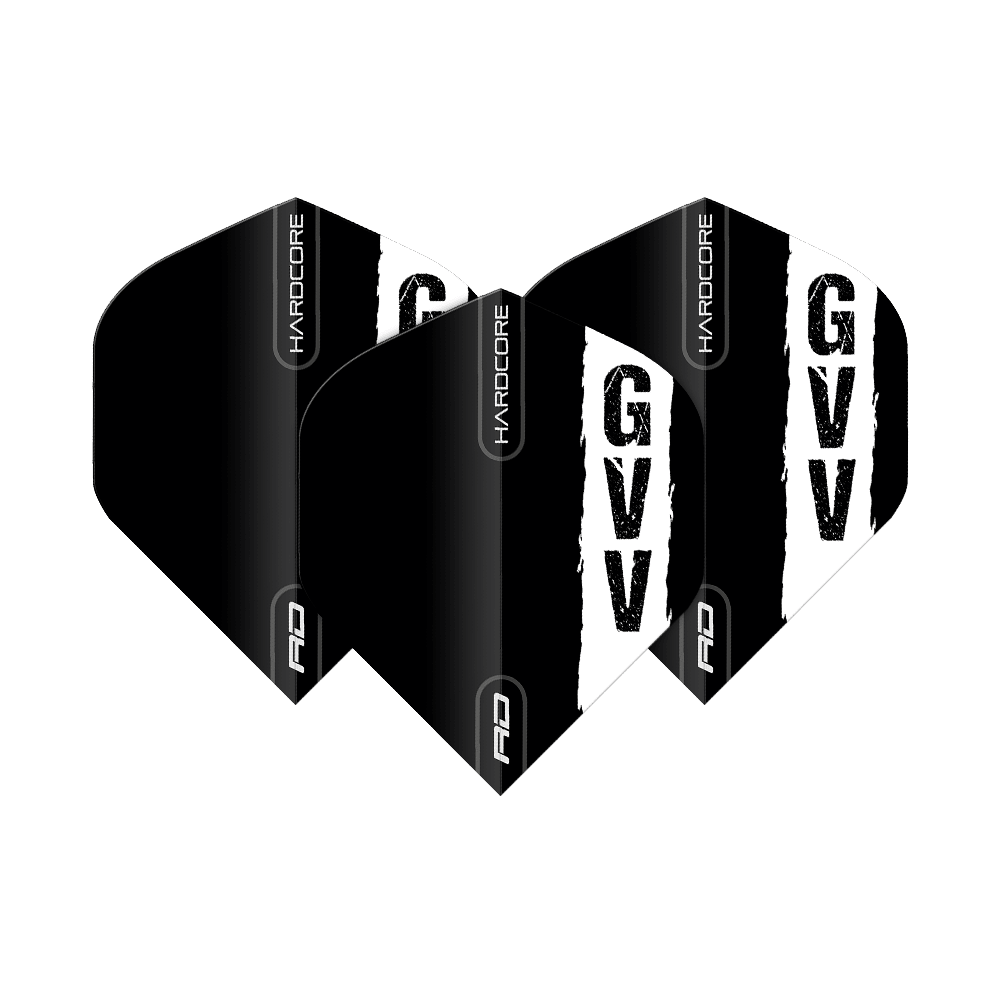 Red Dragon Hardcore Gian Van Veen Black Logo Standard Flights Das Bild zeigt drei schwarze Dartflights mit dem weißen Aufdruck "GVV" und dem Schriftzug "HARDCORE". Es handelt sich um das Produkt "Red Dragon Hardcore Gian Van Veen Black Logo Standard Flights".