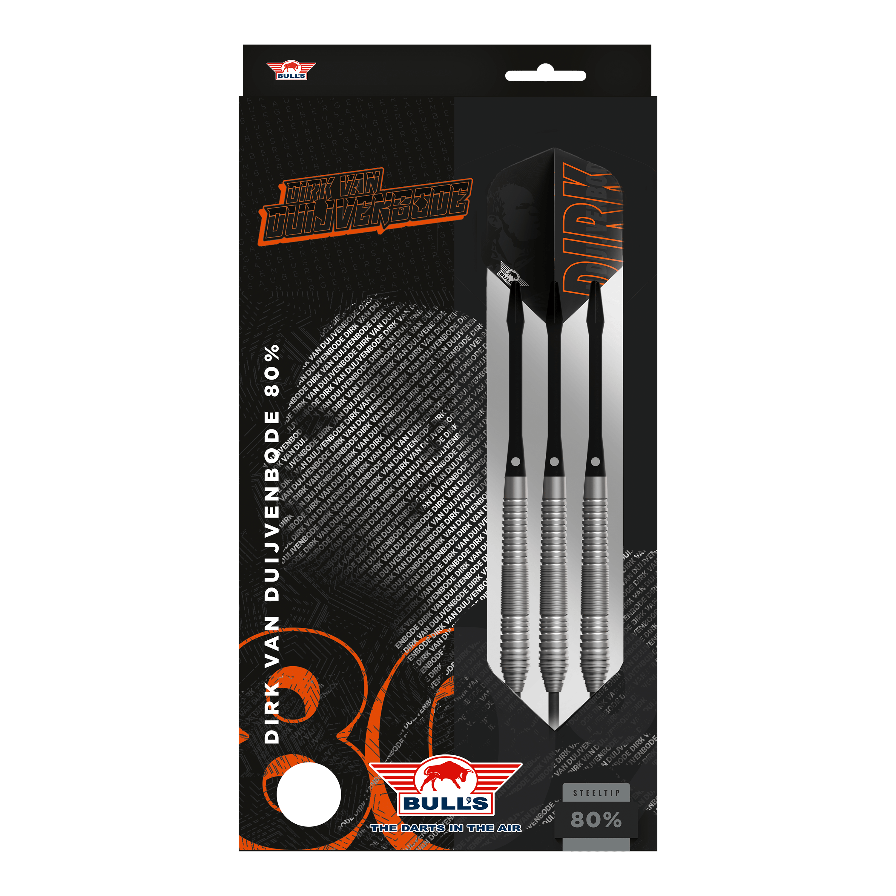 Bulls NL Dirk Van Duijvenbode 80 steel darts Auf dem Bild ist eine Verpackung der "Bulls NL Dirk Van Duijvenbode 80 Steeldarts" zu sehen. Die Packung zeigt drei silberne Steeldarts und enthält den Namen des Spielers sowie das Bulls-Logo.