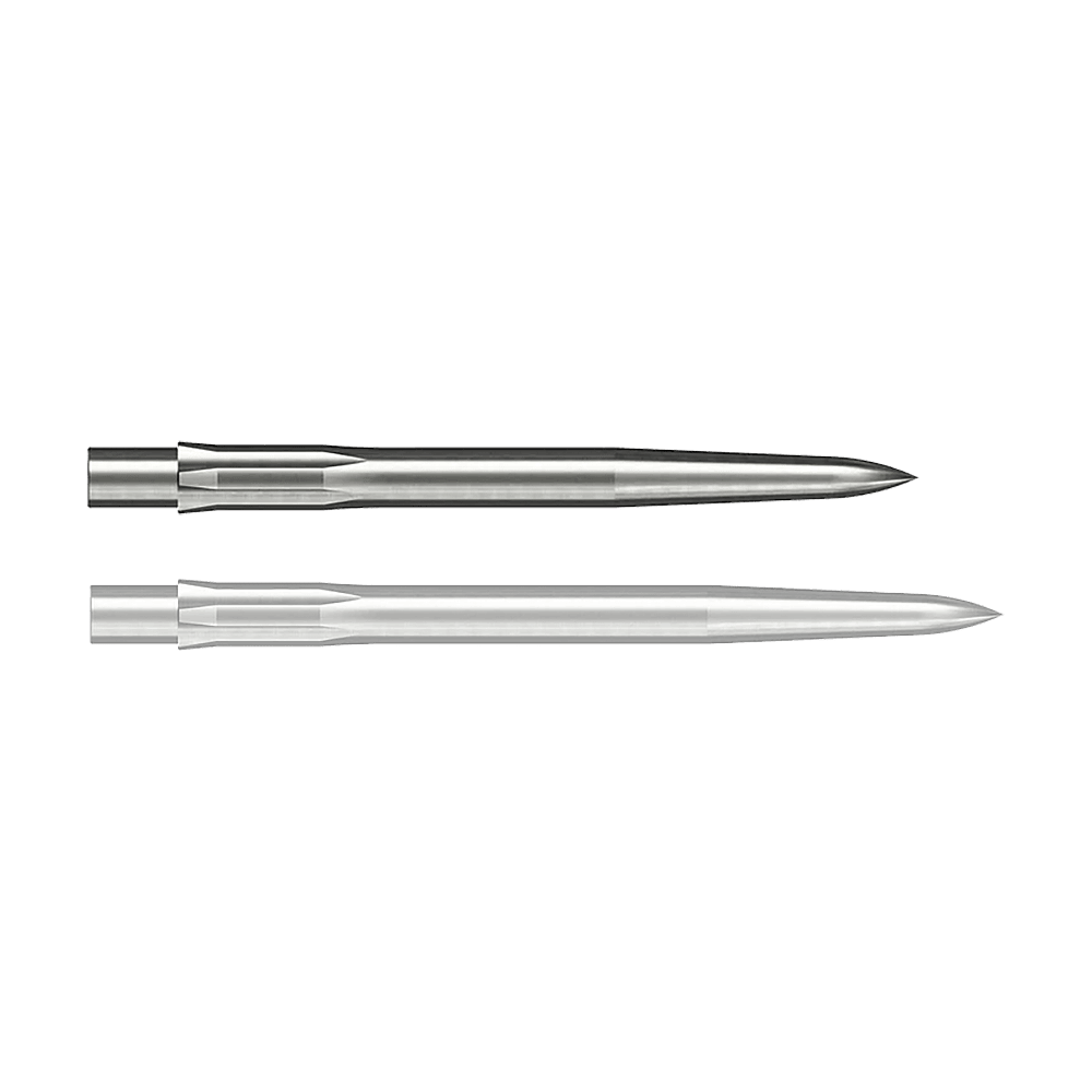 Auf dem Bild sind zwei silberne, glatte Stahlspitzen für Darts zu sehen. Sie sind länglich geformt und haben eine spitze Vorderseite.