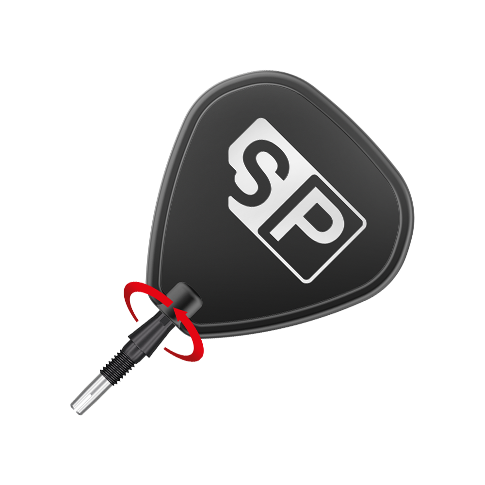 Target Swiss Storm Quartz Dart Tips - Black Das Bild zeigt die Spitze eines Dartpfeils mit einem schwarzen Flight, auf dem die Buchstaben "SP" zu sehen sind. Zwei rote Pfeile heben den Verbindungsbereich zwischen Schaft und Flight hervor.