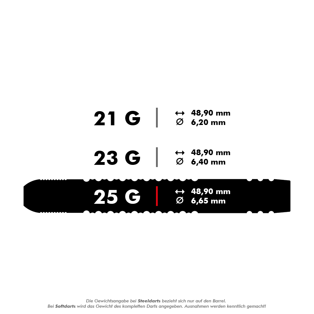 190224-_Target_Dimitri_Van_Den_Bergh_GEN2_Swiss_Point_Steeldarts_5_25g Das Bild zeigt drei verschiedene Gewichte von Steeldarts: 21g, 23g und 25g. Alle haben eine Länge von 48,90 mm, aber unterschiedliche Durchmesser: 6,20 mm, 6,40 mm und 6,65 mm.