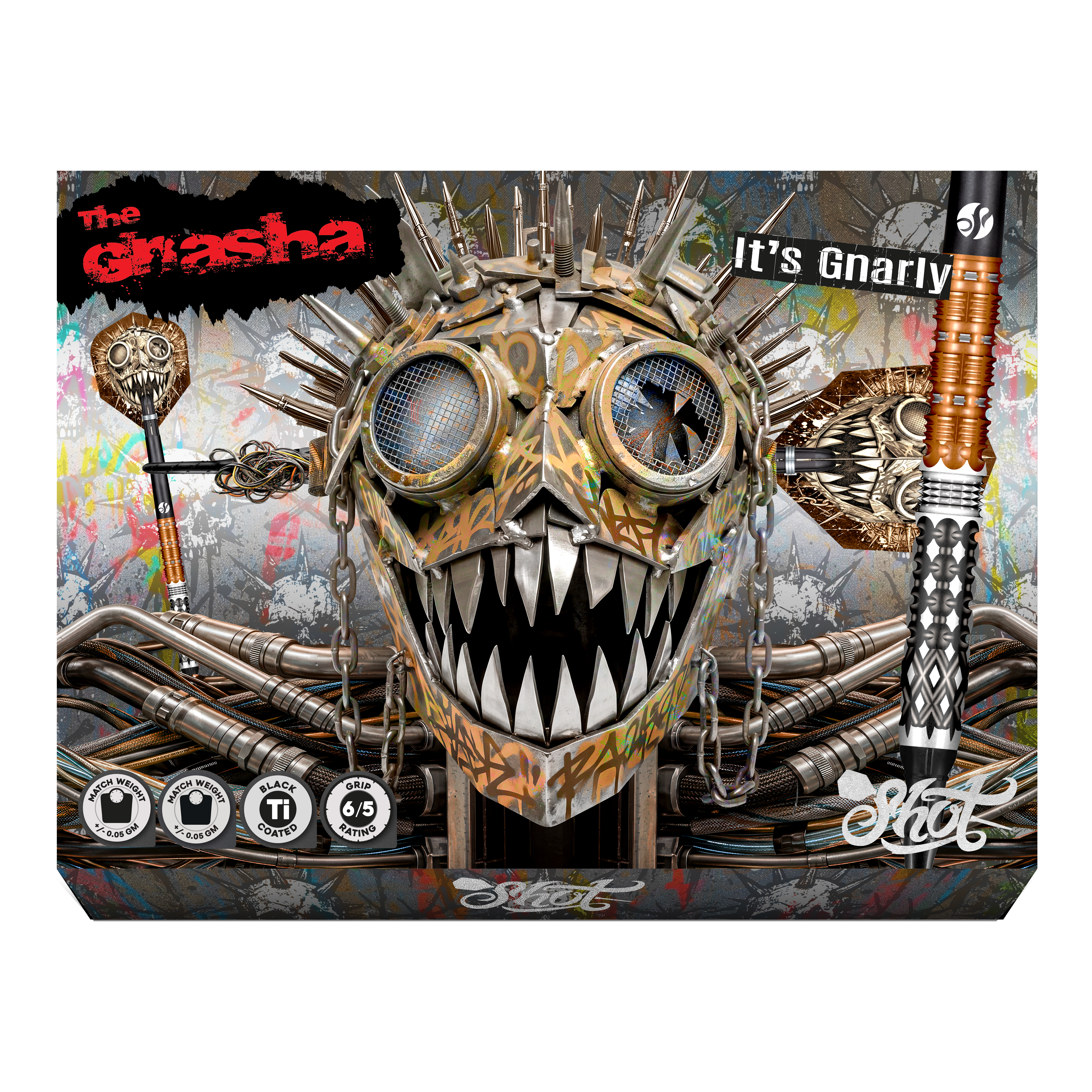 Shot Gnarly Gnasha Soft Darts - 20g Auf dem Bild befinden sich die Shot Gnarly Gnasha Softdarts - 20g. Die Darts sind für das Spielen mit elektronischen Dartboards geeignet.