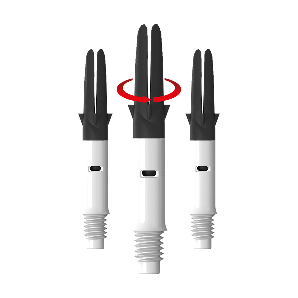 L-L-Style-Shaft Carbon Silent Straight - White Das Bild zeigt drei weiße und schwarze Dartshafts nebeneinander. Über dem mittleren Shaft ist ein roter Pfeil, der eine Drehbewegung anzeigt.