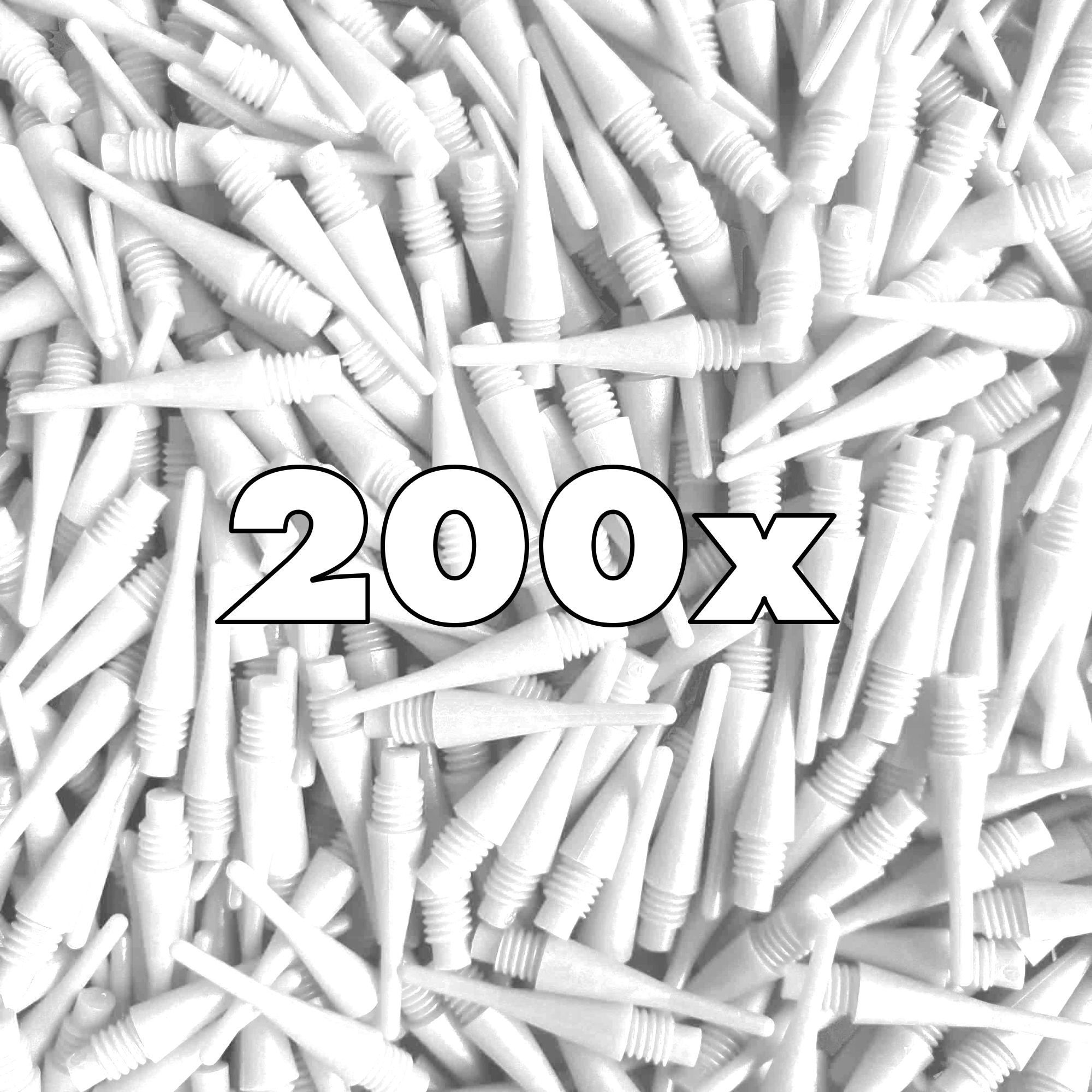 Das Bild zeigt viele weiße Softdartspitzen. In der Mitte steht groß die Anzahl "200x".