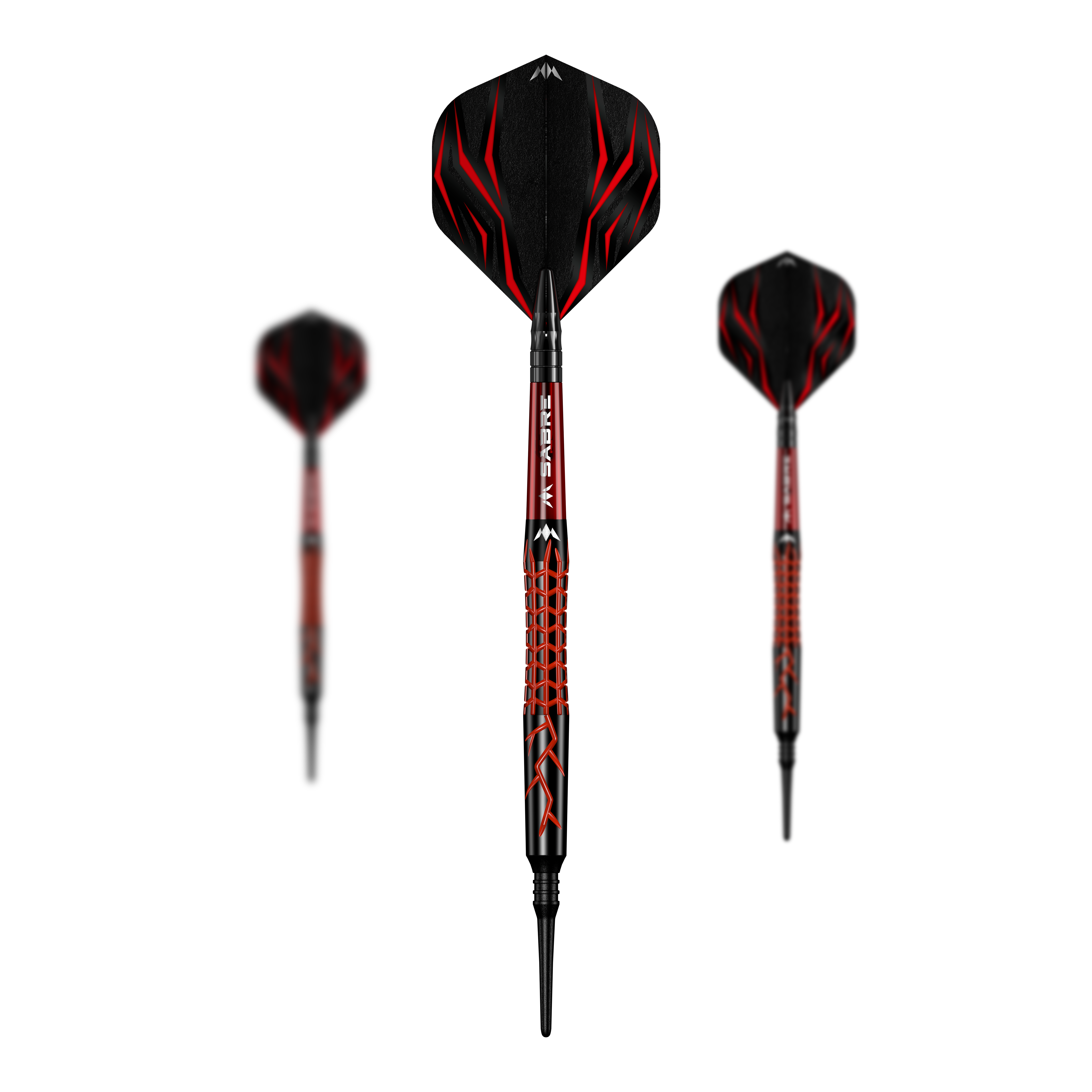 Mission Lava Softdarts - 20g Das Bild zeigt den Mission Lava Softdart mit einem Gewicht von 20g. Der Dart hat ein schwarzes Design mit roten Akzenten und einem auffälligen Muster auf dem Schaft.