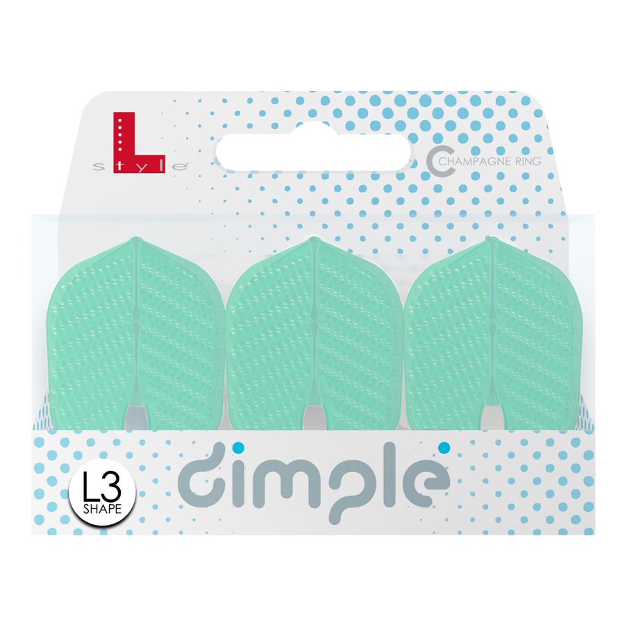 L-Style Flights Dimple Champagne L3PRO Shape Auf dem Bild ist eine Verpackung mit drei mintgrünen Darts-Flights der Marke "L-Style" zu sehen. Das Modell heißt "Dimple Champagne L3PRO Shape" und ist vorne mit blauen Punkten verziert.