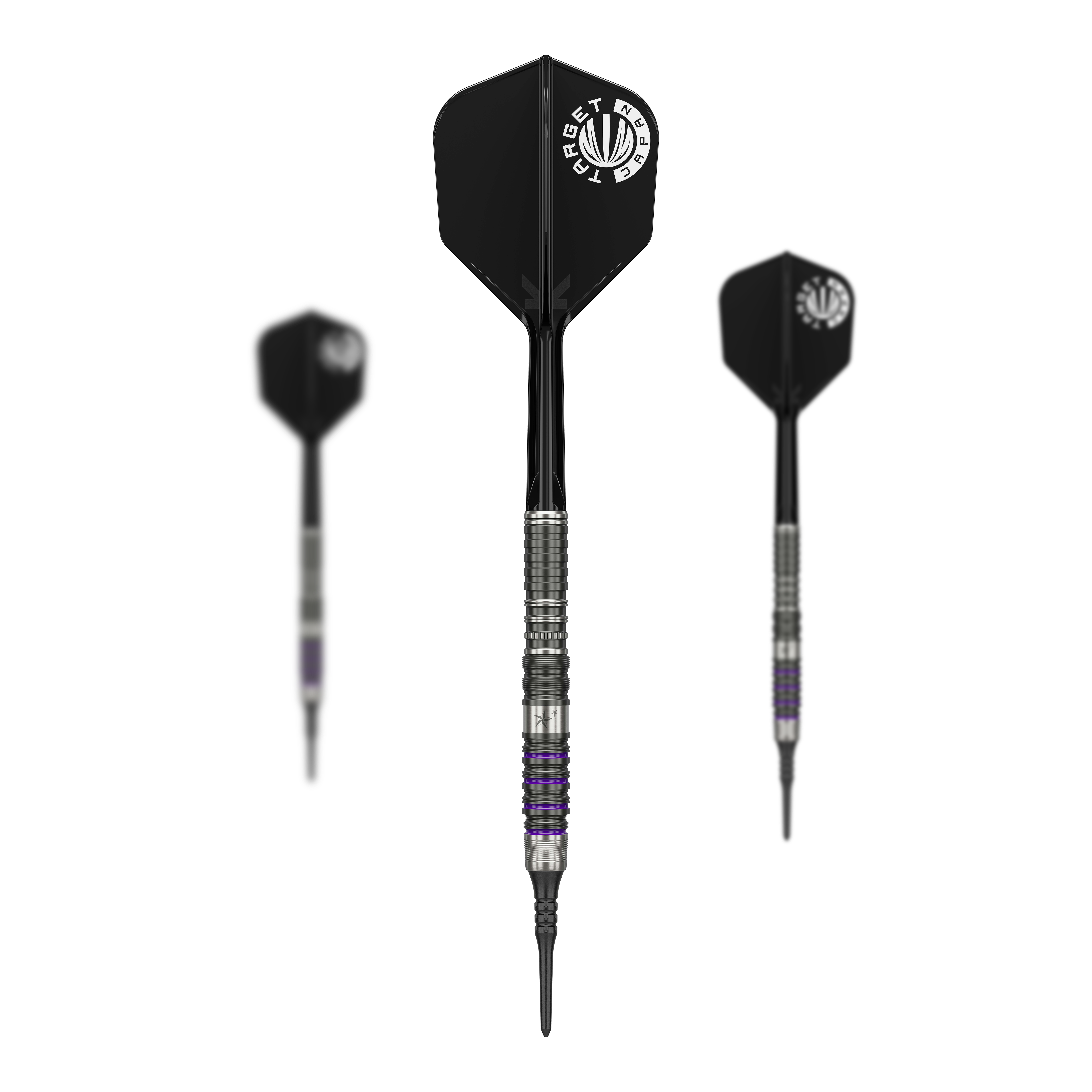 Target Japan Prime Series Yuta Hayashi Sirius GEN3 MAX Soft Darts - 21.5g Das Bild zeigt drei Softdarts aus der Serie "Target Japan Prime Series Yuta Hayashi Sirius GEN3 MAX" mit einem Gewicht von 21,5g. Die Darts haben schwarze Flights mit weißem Aufdruck und einen silbernen, detailliert gearbeiteten Barrel.