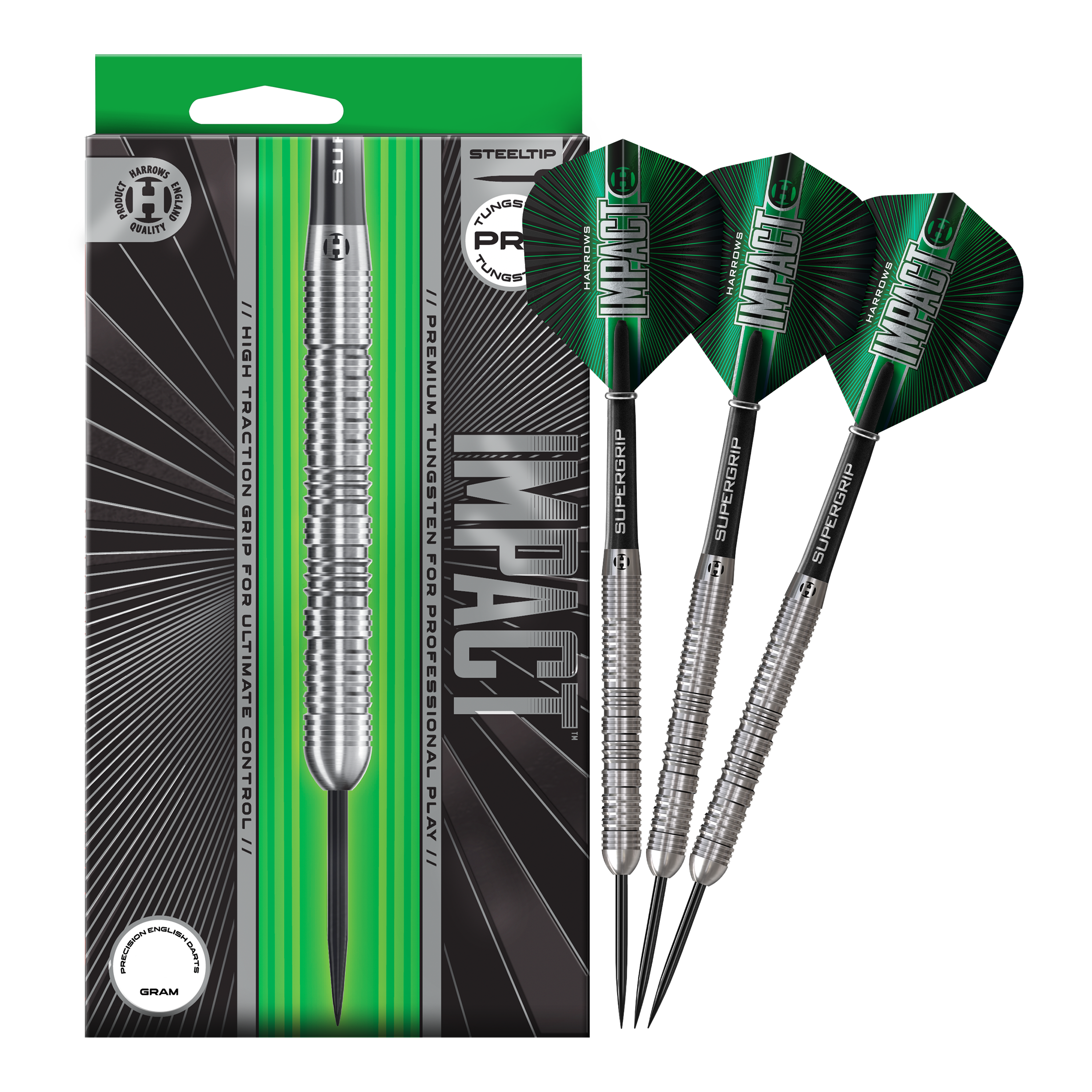 Harrows Impact Steel Darts Das Foto zeigt die vollständigen Harrows Impact Steeldarts. Die Darts sind fertig zusammengestellt für den Gebrauch.