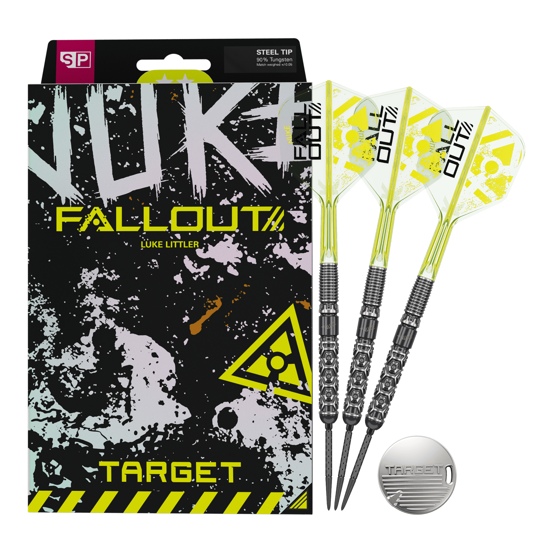 Auf dem Bild sind die Target Luke Littler Nuke Fallout Swiss Points Steeldarts dargestellt. Die Darts bieten eine spezielle Griffstruktur für besseren Halt.
