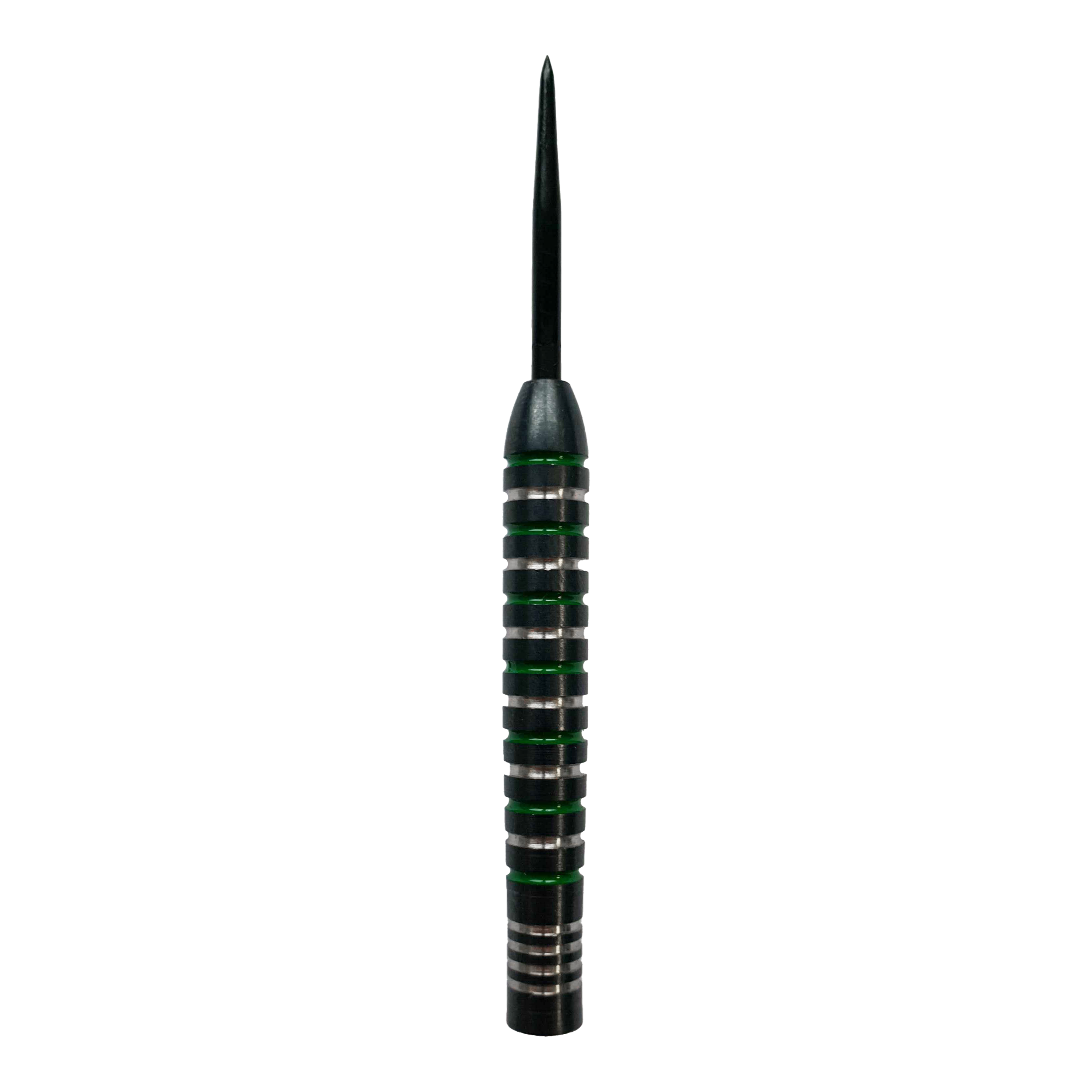 McDart Silver Green Steeldart Barrels Das Bild zeigt ein McDart Silver Green Steeldart Barrel. Der Dartpfeil hat silberne Ringe mit grünen Akzenten entlang des Griffbereichs.
