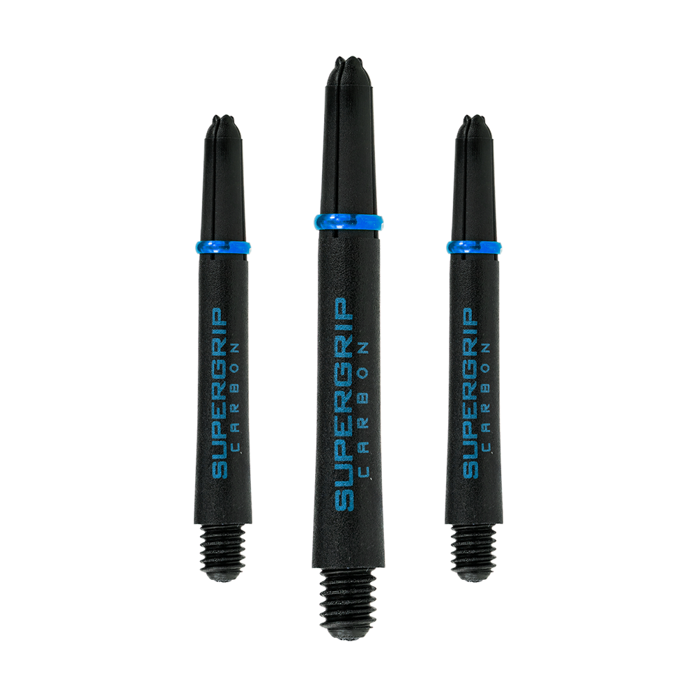 HR364_Harrows_Supergrip_Carbon_Shafts_Aqua_40mm_1b3eVBWLT6wk4u Das Bild zeigt drei Harrows Supergrip Carbon Shafts in der Farbe Aqua. Die Dartschäfte sind schwarz mit blauer Beschriftung und einem blauen Ring.