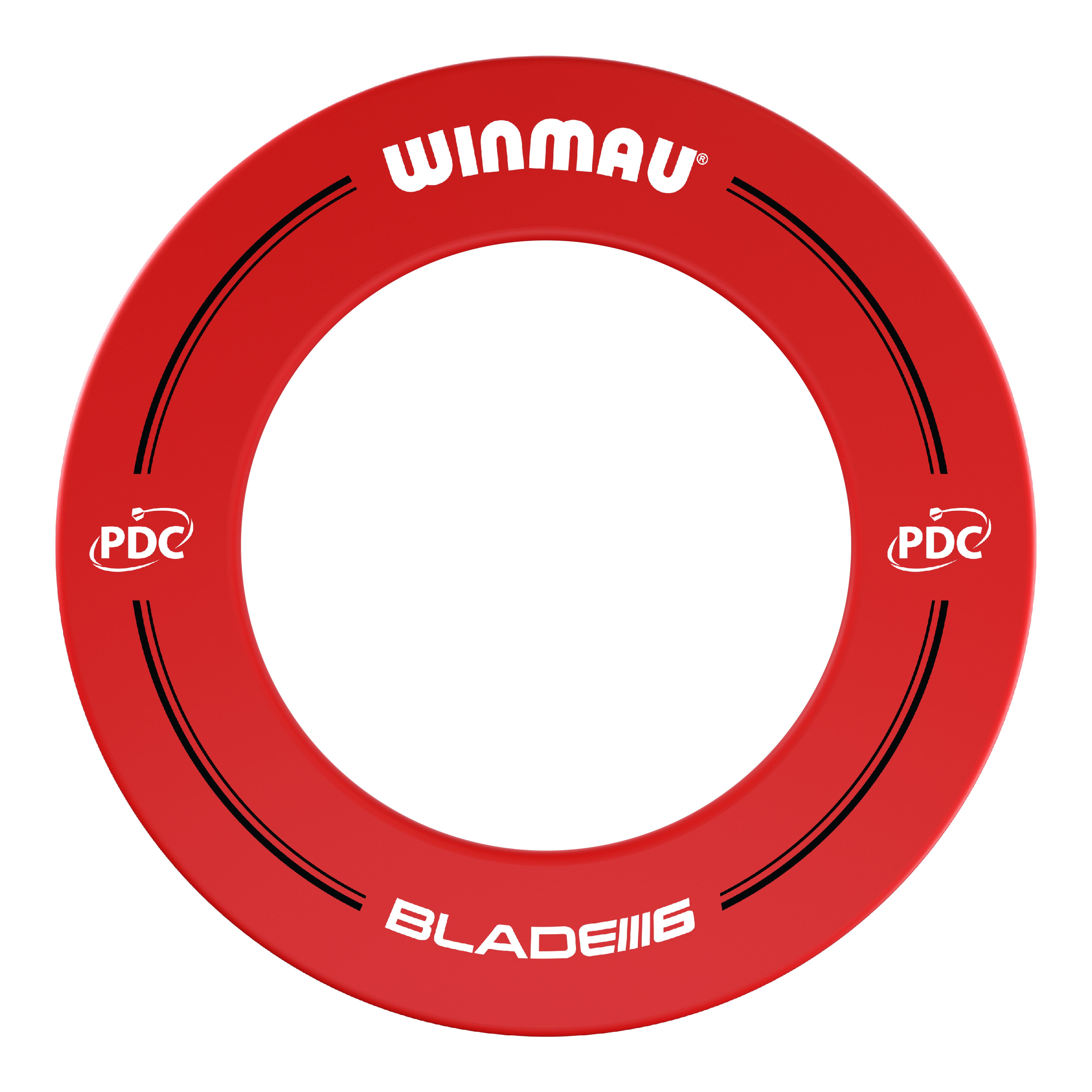 Winmau PDC Dartboard Surround - Red Das Bild zeigt einen roten Dartboard-Surround der Marke Winmau mit der Aufschrift "BLADE 6". Auf dem Ring sind außerdem PDC-Logos und schwarze Designelemente zu sehen.