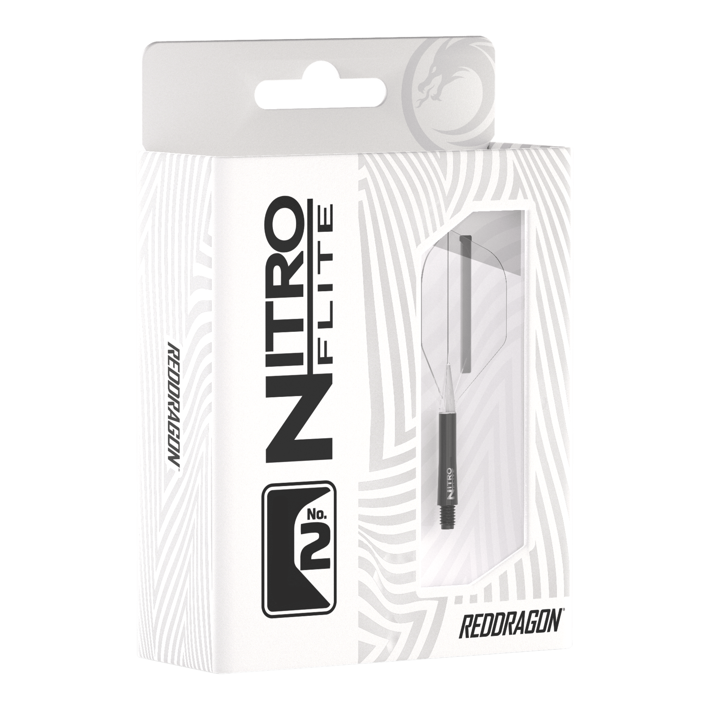 Red Dragon Nitroflite - Black Shaft Clear No2 Flights Die Abbildung zeigt die Verpackung des Produkts „Red Dragon Nitroflite - Black Shaft Clear No2 Flights“. Die Verpackung ist überwiegend weiß mit schwarzen Aufdrucken und einer Sichtöffnung, durch die das Produkt zu sehen ist.