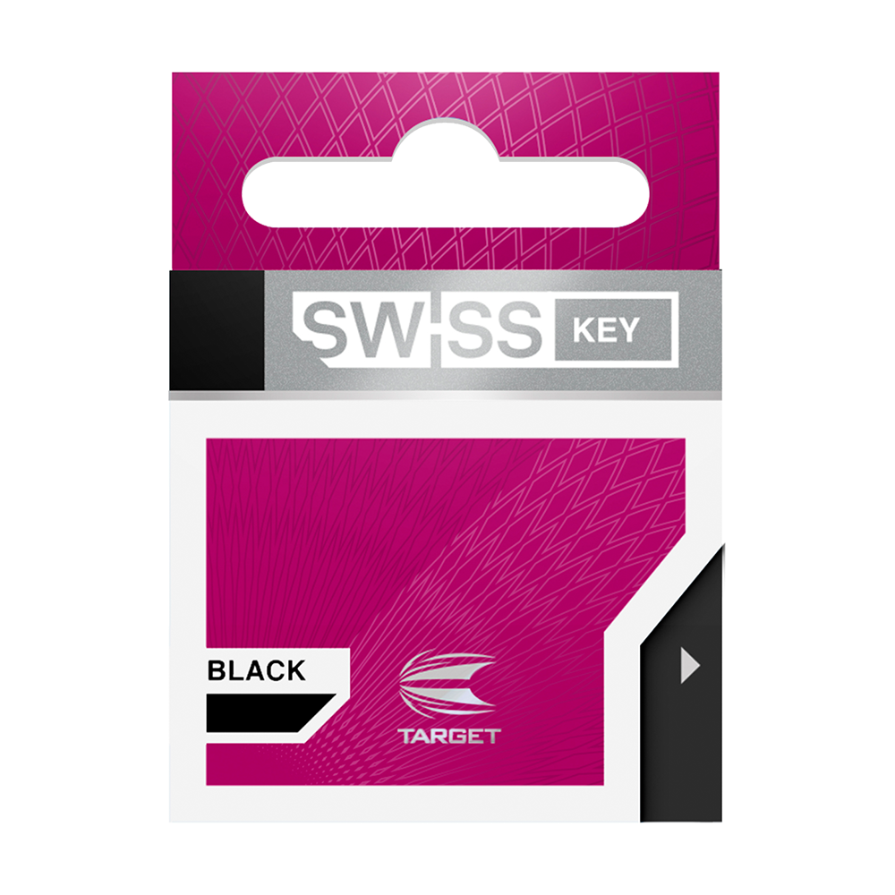 340007_Target_Swiss_Point_Key_Premium_3 Das Bild zeigt die Verpackung des Produkts „Target Swiss Point Key Premium“ in der Farbe Schwarz. Die Verpackung ist überwiegend pink mit weißen und schwarzen Akzenten und dem Target-Logo.