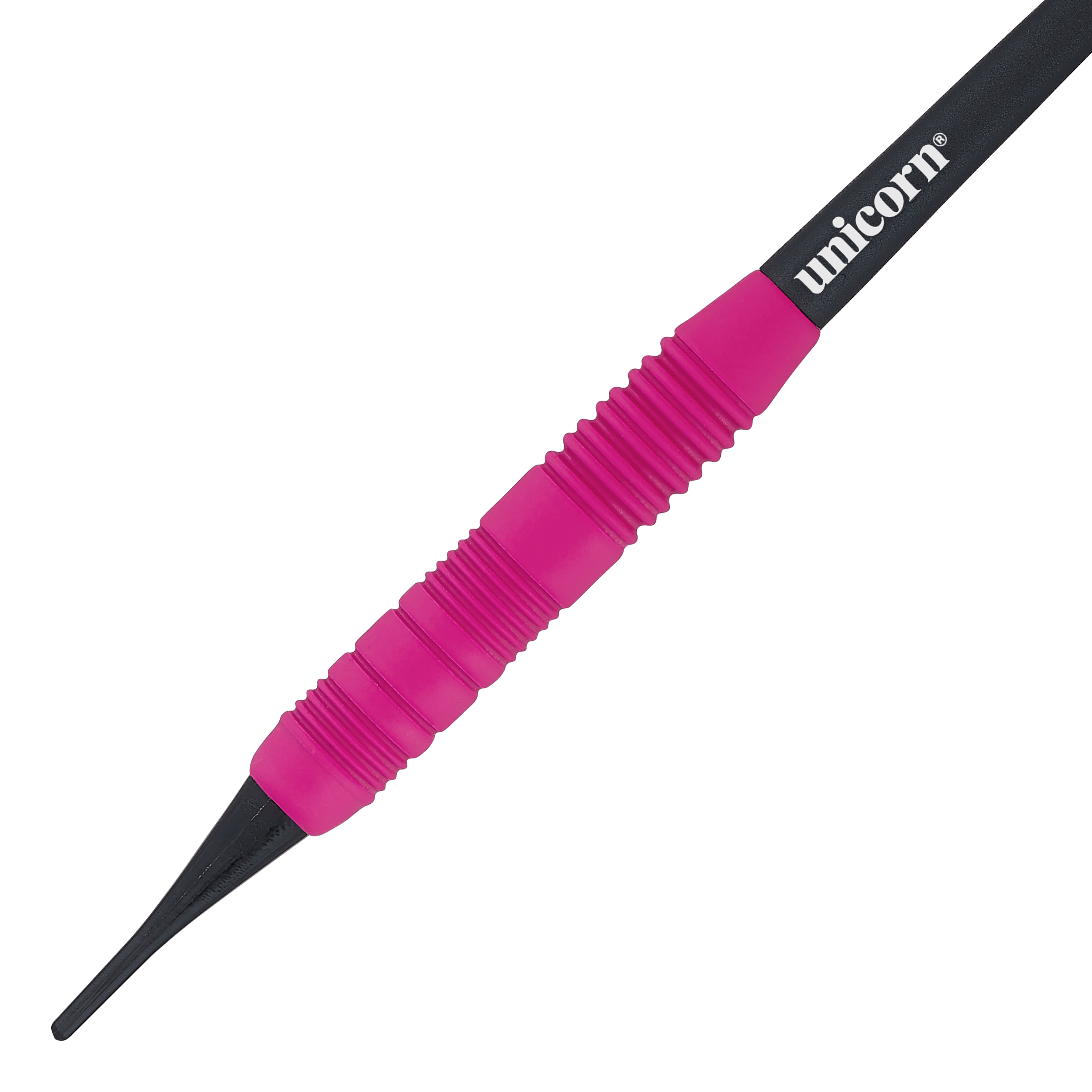 Unicorn Core Plus Rubberised Pink Softdarts - 19g Das Bild zeigt einen Unicorn Core Plus Rubberised Pink Softdart mit einem Gewicht von 19g. Der Dart hat einen pinken, gummierten Griff und eine schwarze Spitze.