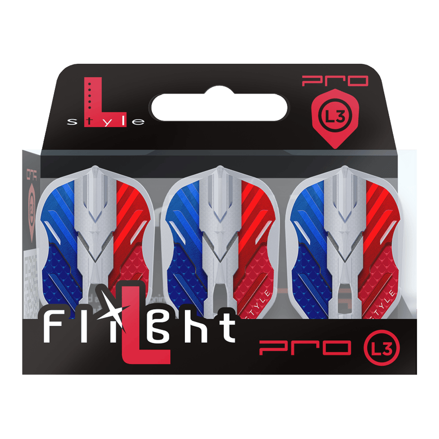 L-Style V-Series V1 Type B France Clear White L3PRO Flights Das Bild zeigt eine Verpackung mit drei Dartflights der Marke L-Style in den Farben Blau, Weiß und Rot. Auf der Verpackung steht "Flight L Pro L3", und die Flights haben ein modernes, kantiges Design.
