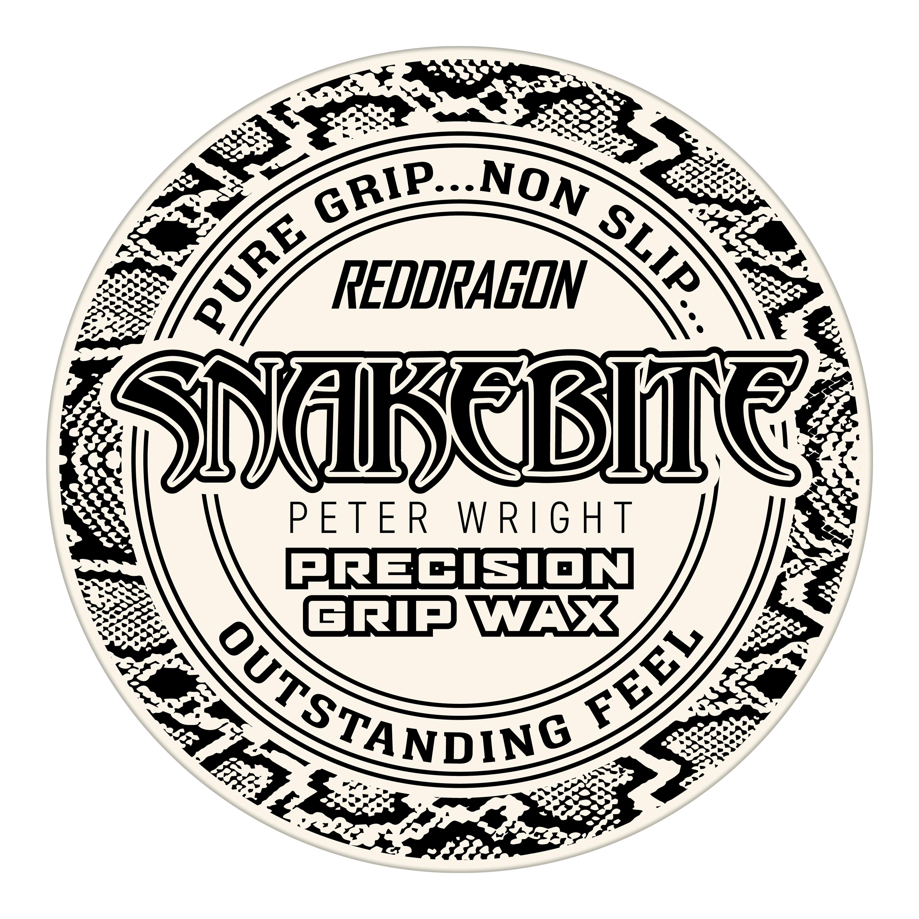 Das Bild zeigt das Produkt "Red Dragon Peter Wright Snakebite Precision Grip Wax". Auf der Verpackung steht, dass es für einen sicheren Halt und ein herausragendes Griffgefühl sorgt.