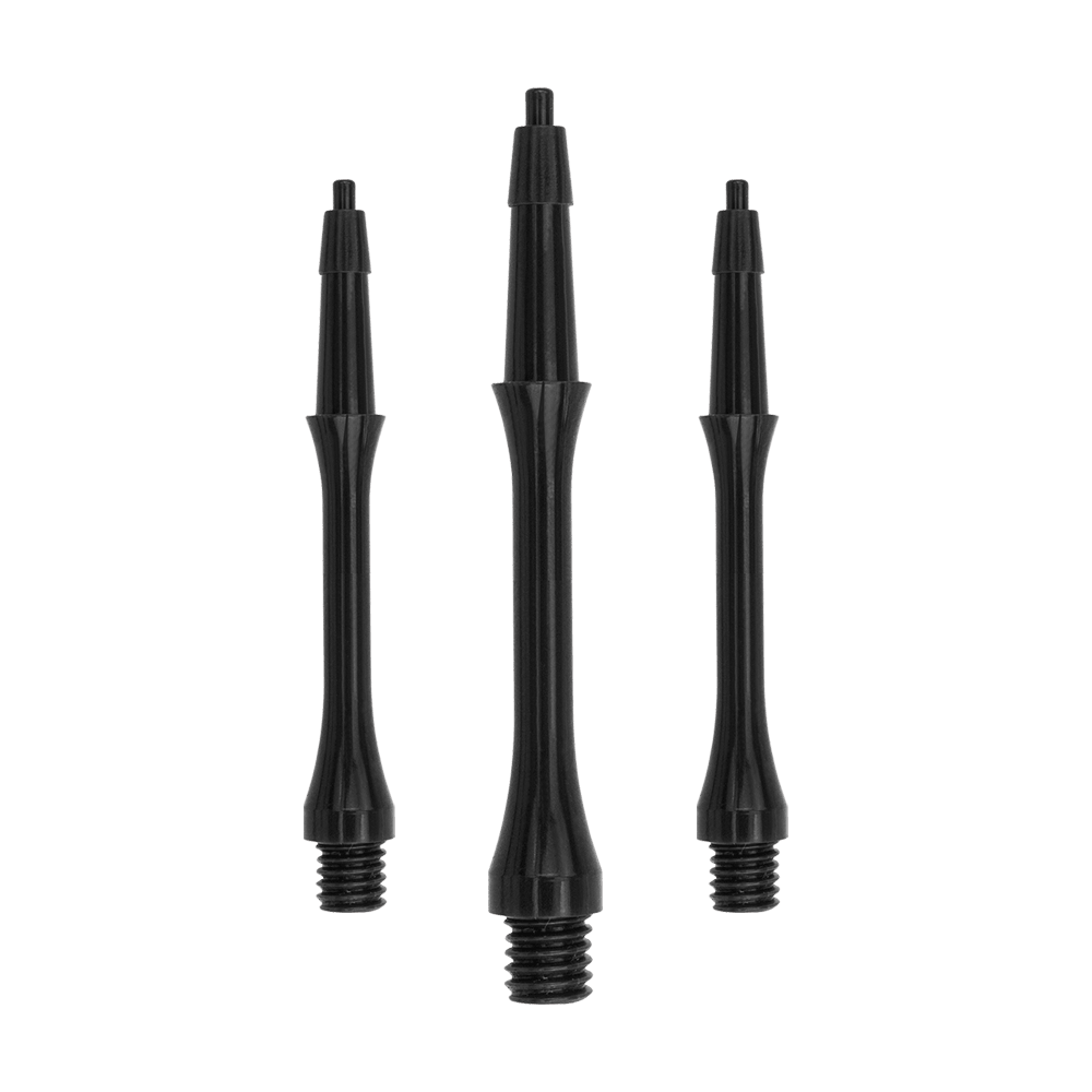 HRC-12602_Harrows_Clic_Slim_Shafts_Black_23mm_1HX3hrRgn7eKSK Das Bild zeigt drei schwarze Harrows Clic Slim Shafts für Dartpfeile. Die Shafts sind schlank und aus robustem Material gefertigt.