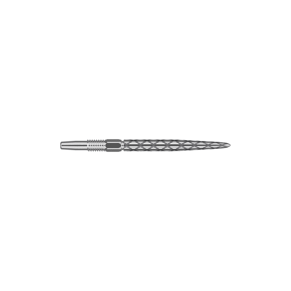 Target Swiss Diamond Pro Silver Points dart tips Das Bild zeigt eine silberne Dartspitze mit einem rautenförmigen Muster. Sie ist lang und schmal gestaltet und eignet sich für Präzisionswürfe beim Dartspiel.