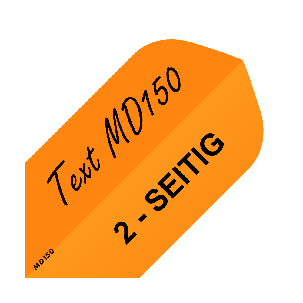 MD-254_2-Seitig_Bedruckte_Flights_Wunschtext_MD150_Neonorange_Slim_1 Das Bild zeigt einen neonorangen Dartflight mit schwarzer Aufschrift. Auf dem Flight steht "Text MD150" und "2-SEITIG".