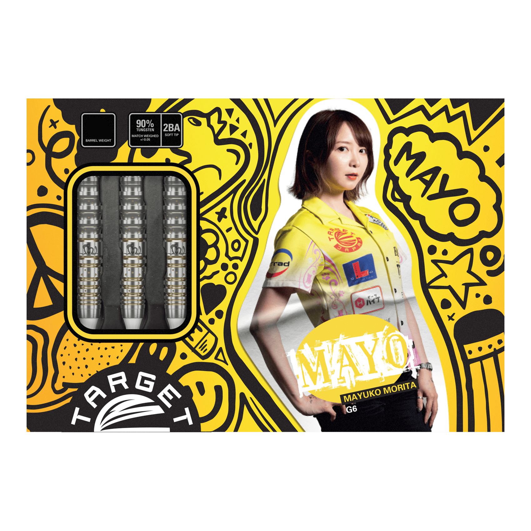 Target Japan Prime Series Mayujo Morita GEN6 Soft Darts - 18g Die Verpackung zeigt die "Target Japan Prime Series Mayuko Morita GEN6 Softdarts - 18g". Links sind die Darts zu sehen, rechts ist ein Bild von Mayuko Morita mit buntem Hintergrund.