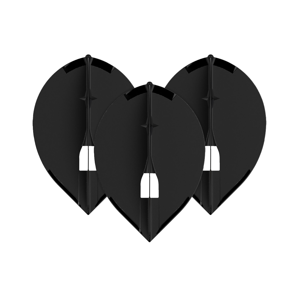 L-Style Champagne L2PRO Teardrop Flights - Black Das Bild zeigt drei schwarze L-Style Champagne L2PRO Teardrop Flights. Sie sind in einer gleichmäßigen Anordnung nebeneinander platziert.