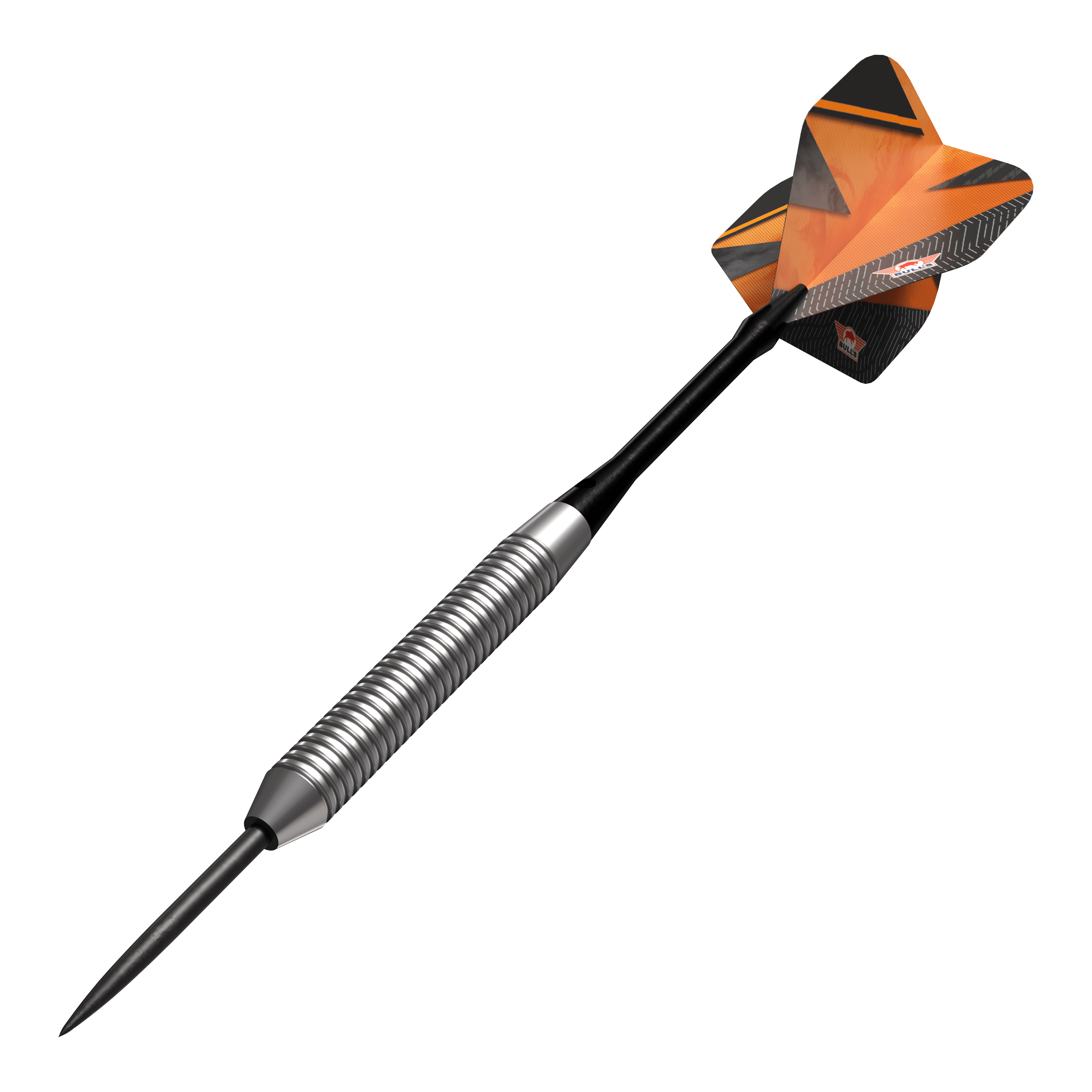 Bulls NL Lightning Orange Steel Darts Das Bild zeigt einen Bulls NL Lightning Orange Steeldart. Der Dart hat einen silbernen, gerillten Schaft und orangene Flights mit schwarzen Akzenten.
