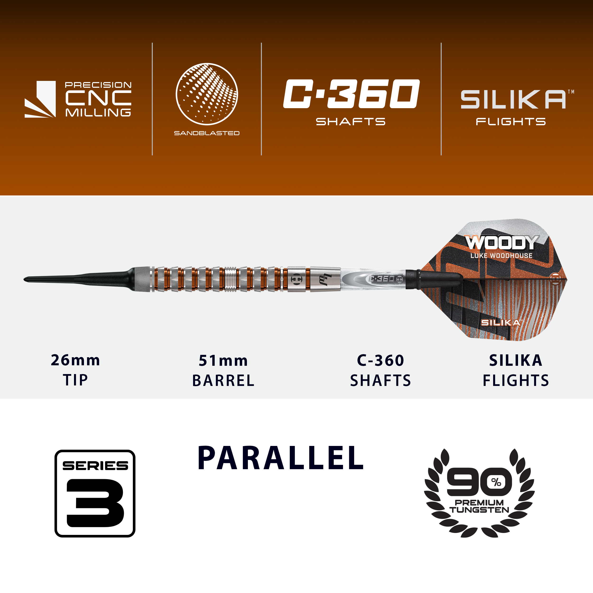 Harrow's Luke Woodhouse Series 3 Soft Darts - 18g Abgebildet sind die Harrows Luke Woodhouse Series 3 Softdarts - 18g. Die Darts werden als 18-Gramm-Version präsentiert.