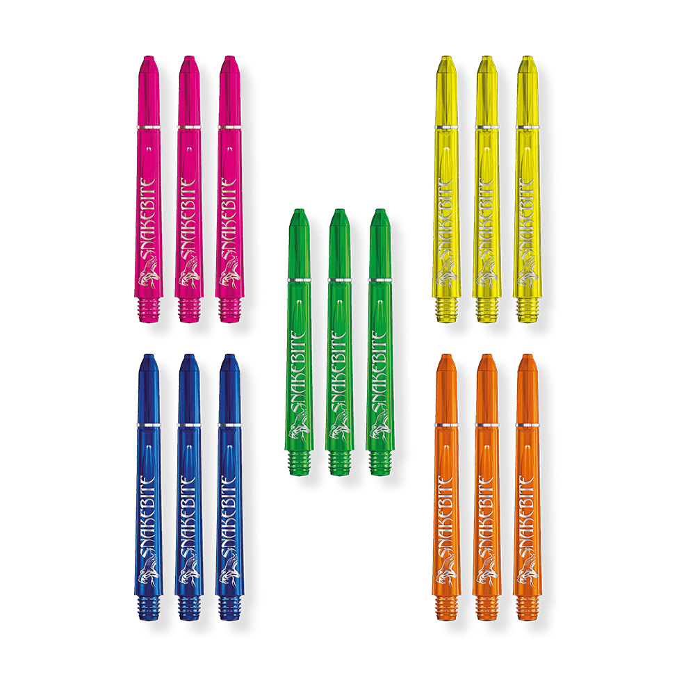 Das Bild zeigt fünf verschiedene Farben von Snakebite Shafts in mittlerer Größe, jeweils im 3er-Set angeordnet. Die Farben sind Pink, Gelb, Grün, Blau und Orange.