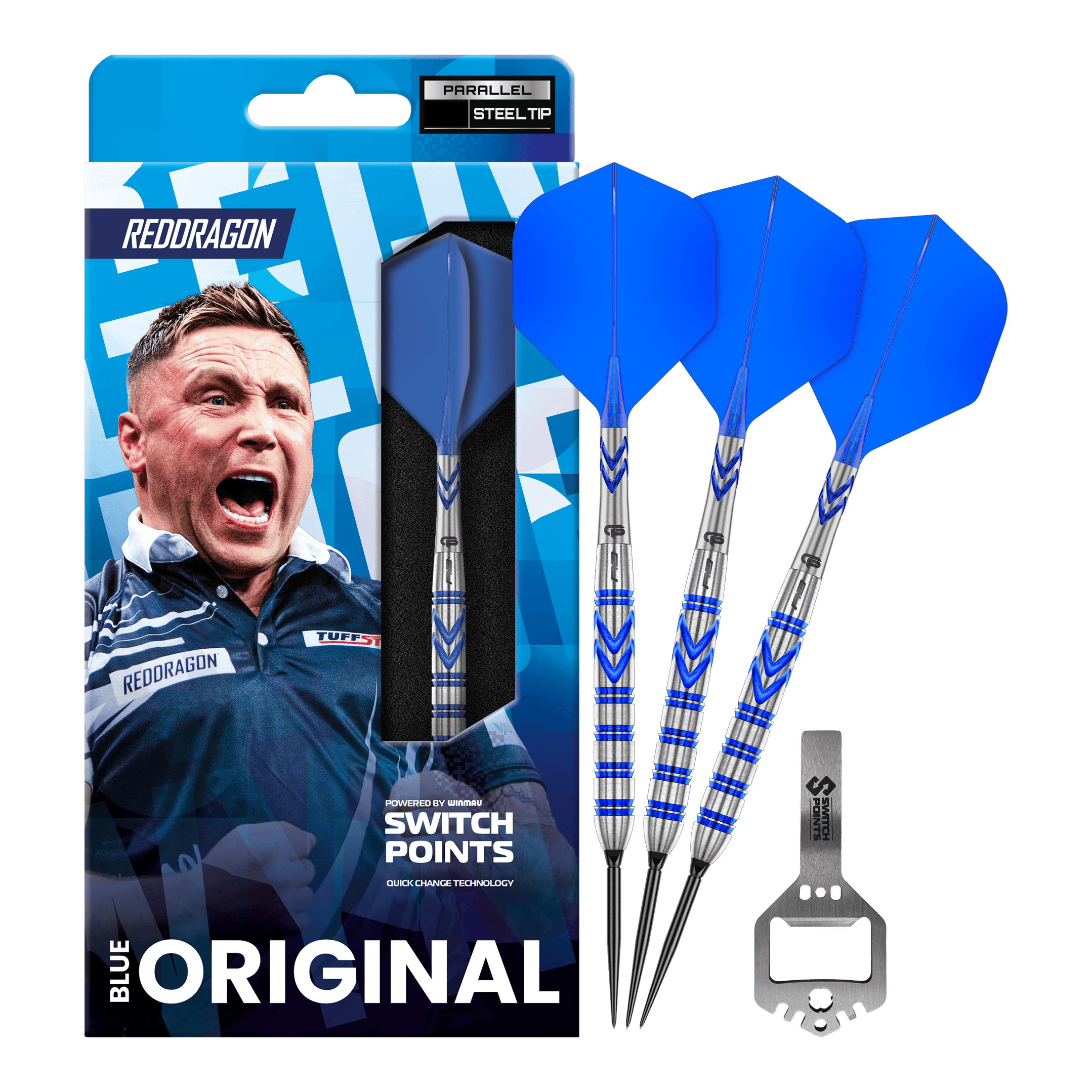 Das Bild zeigt die Red Dragon Gerwyn Price Blue Original Switch Point Steeldarts. Es handelt sich um hochwertige Steeldarts mit blauem Design.