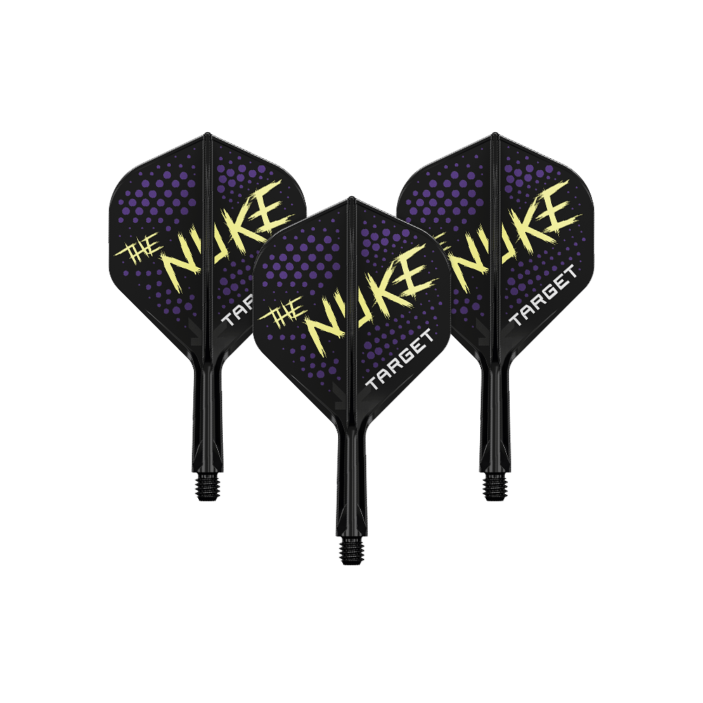 Target K-Flex Luke Littler Black No2 Standard Flight System Auf dem Bild sind drei Dart-Flights in Schwarz mit lilafarbenen Punkten und gelber Aufschrift "The Nuke" zu sehen. Unten steht der Schriftzug "Target" auf jedem Flight.