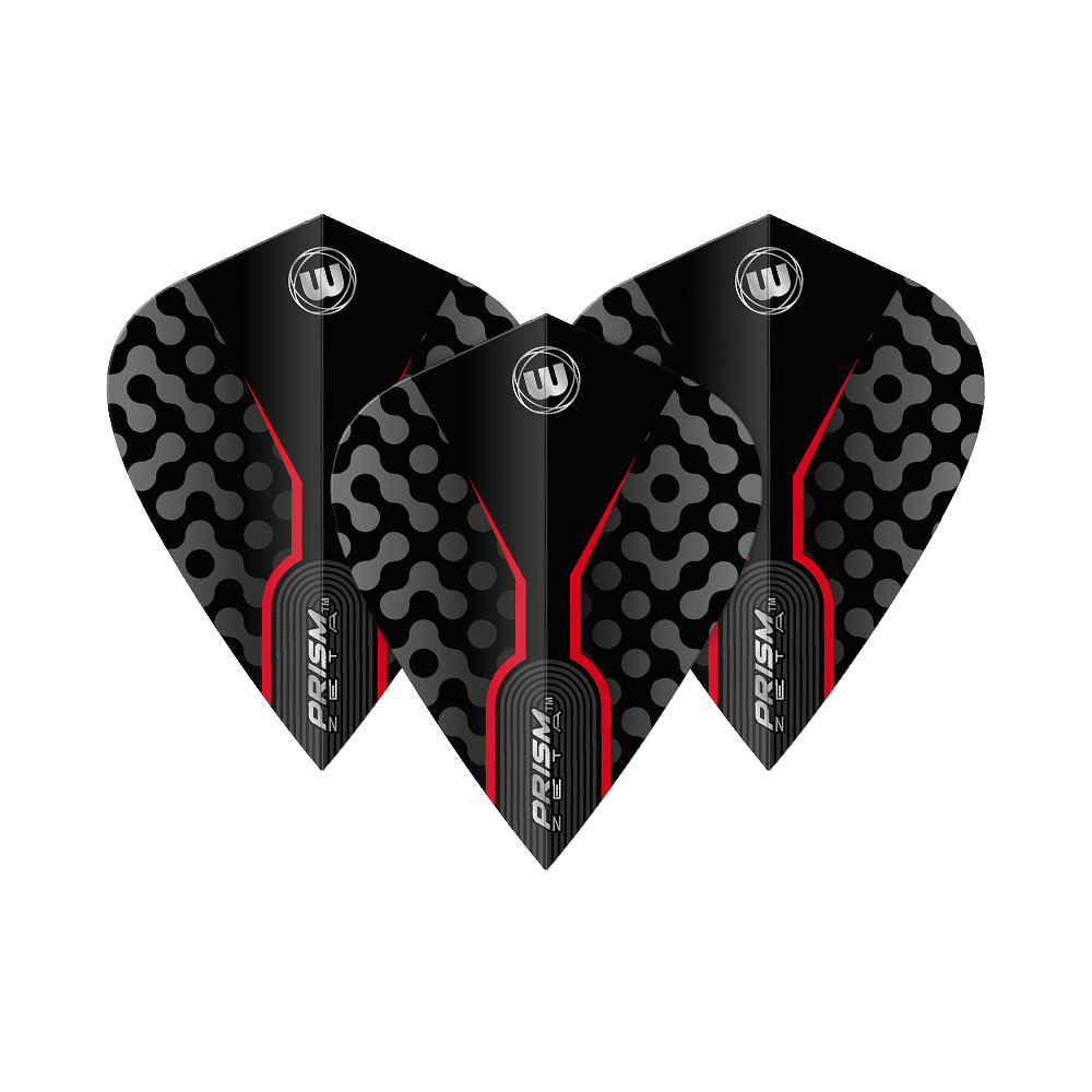 Winmau Zeta Black Red Kite Flights Das Bild zeigt drei Winmau Zeta Black Red Kite Flights. Sie sind schwarz mit roten Linien und einem auffälligen Muster in Grau.