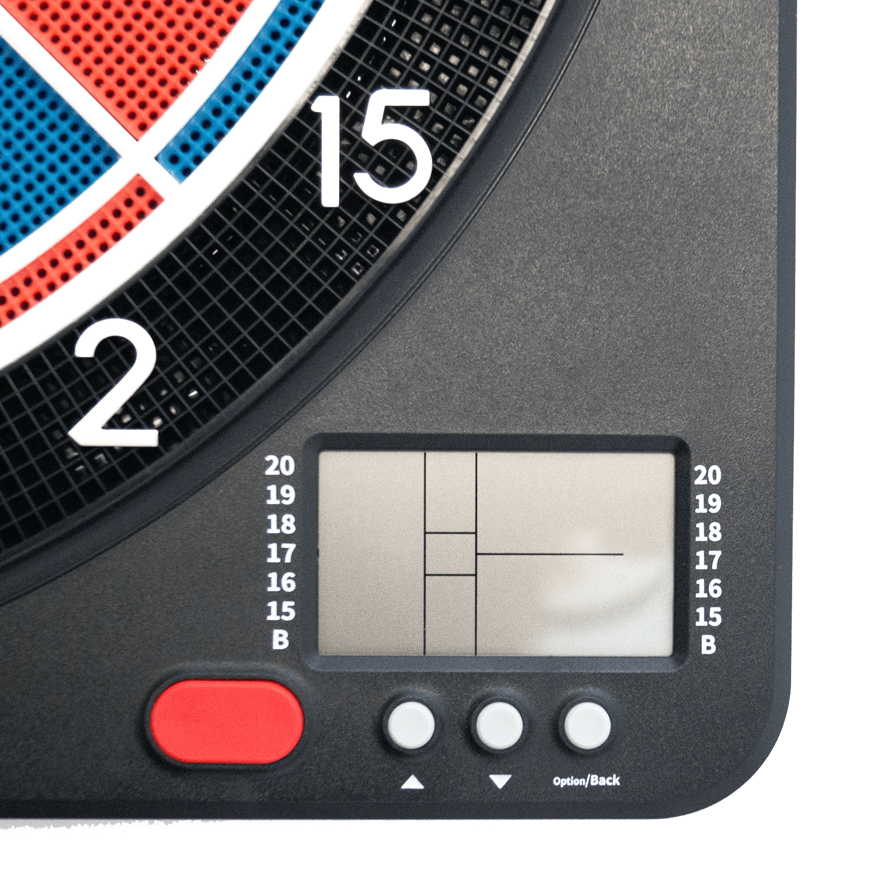 Karella CB-Smart Electronic Soft Dartboard Das Bild zeigt einen Ausschnitt der elektronischen Soft-Dartscheibe "Karella CB-Smart". Zu sehen sind ein Teil der Dartscheibe, das Display und mehrere Bedientasten.