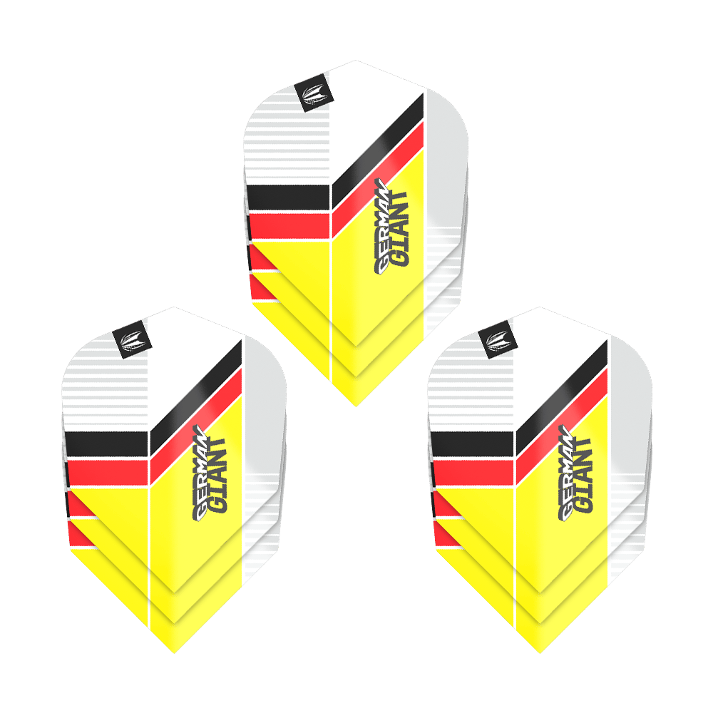 Target Pro Ultra Gabriel Clemens No6 Flights - 3 sets Das Bild zeigt drei Sets von Target Pro Ultra Gabriel Clemens No6 Flights. Die Flights haben ein Design in den Farben Weiß, Gelb, Rot und Schwarz mit der Aufschrift "GERMAN GIANT".