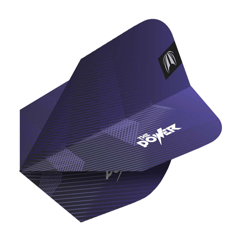 Das Bild zeigt ein Set von lila Dart-Flights mit dem Aufdruck "The Power". Es handelt sich um die Target Pro Ultra Phil Taylor Power GEN10 Ten-X Flights.