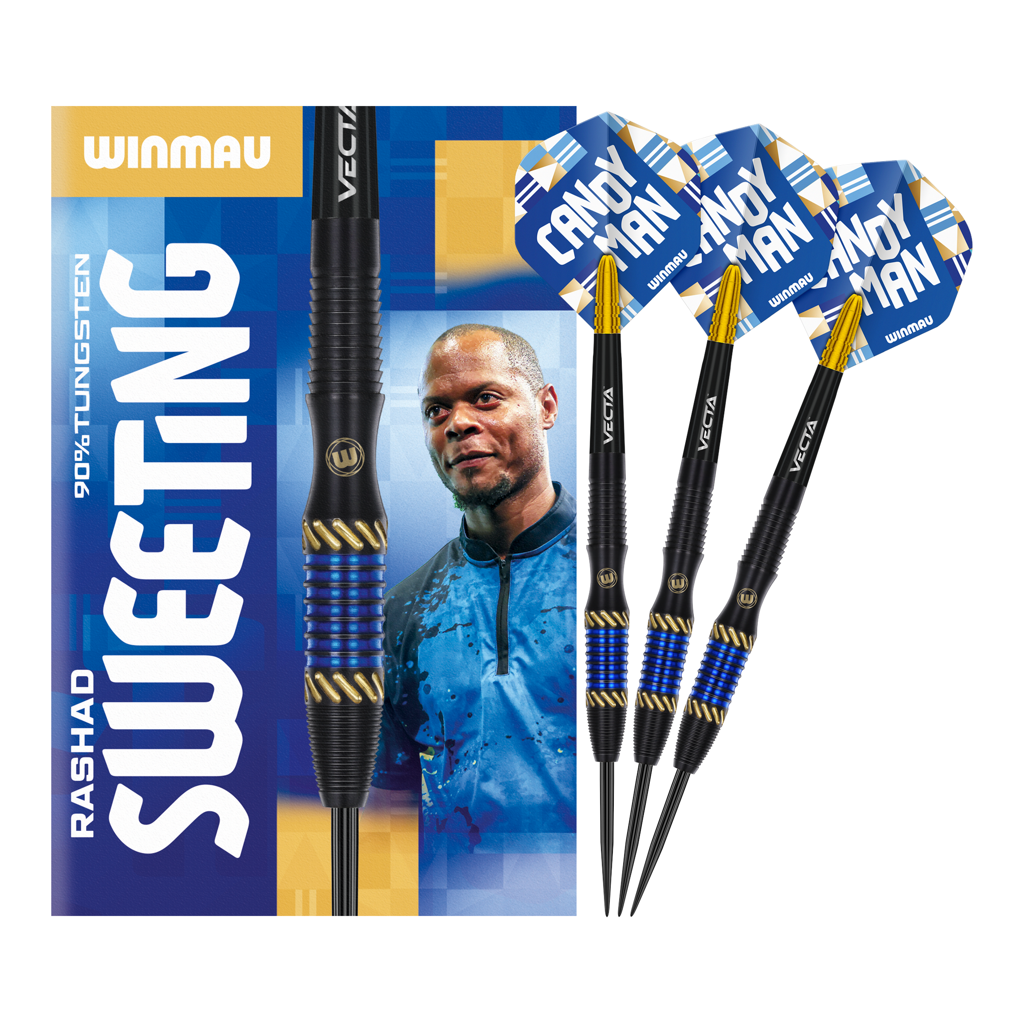 Winmau Rashad Sweeting Steeldarts - 24g Auf dem Bild sind die Winmau Rashad Sweeting Steeldarts - 24g zu sehen. Die Verpackung zeigt ein Porträt von Rashad Sweeting und die drei Darts sind mit blauen und goldenen Akzenten gestaltet.