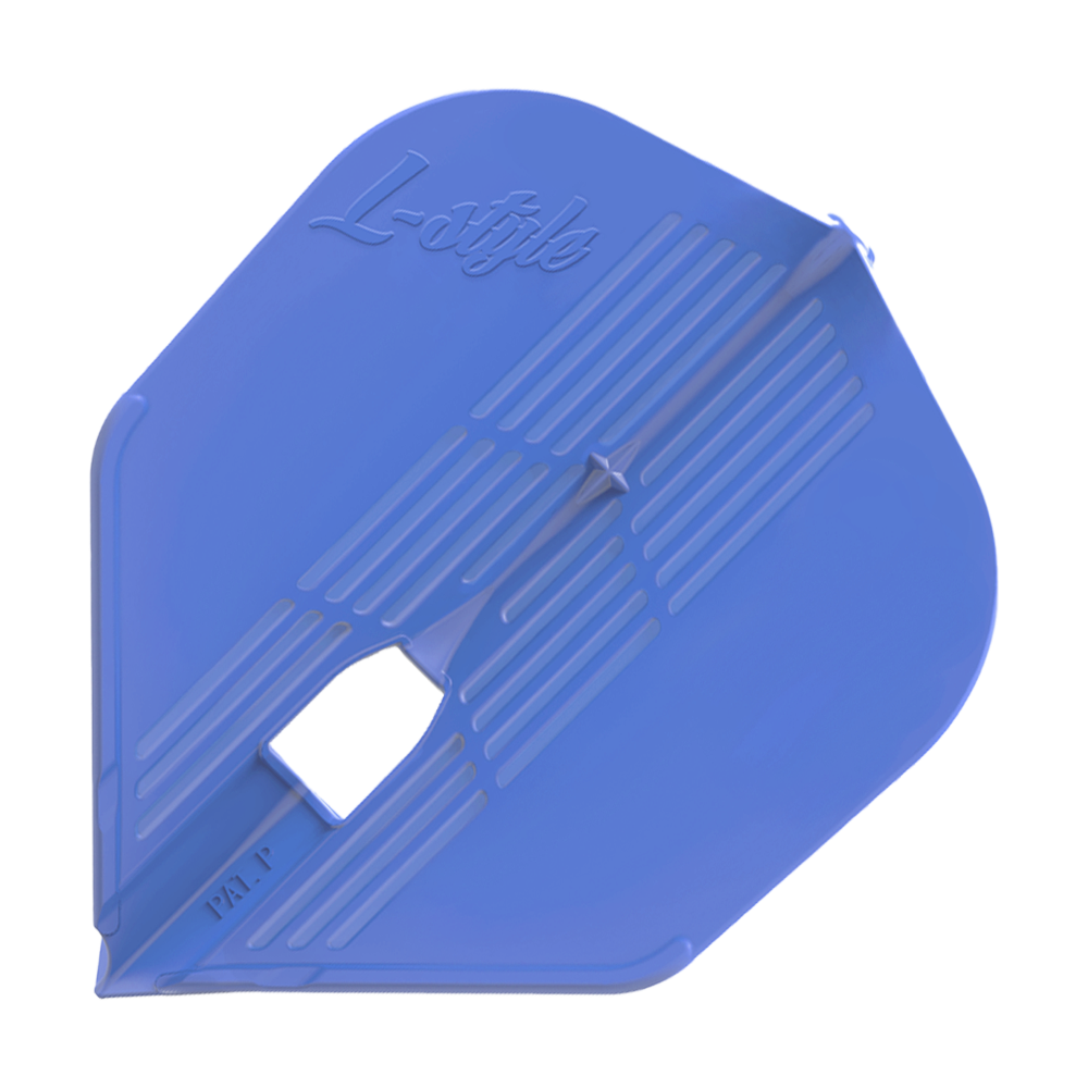 L-Style KAMI L3PRO Flights Das Bild zeigt ein blaues Dartflight mit dem Schriftzug "L-style" darauf. Das Flight hat eine eckige Form und gerillte Muster.