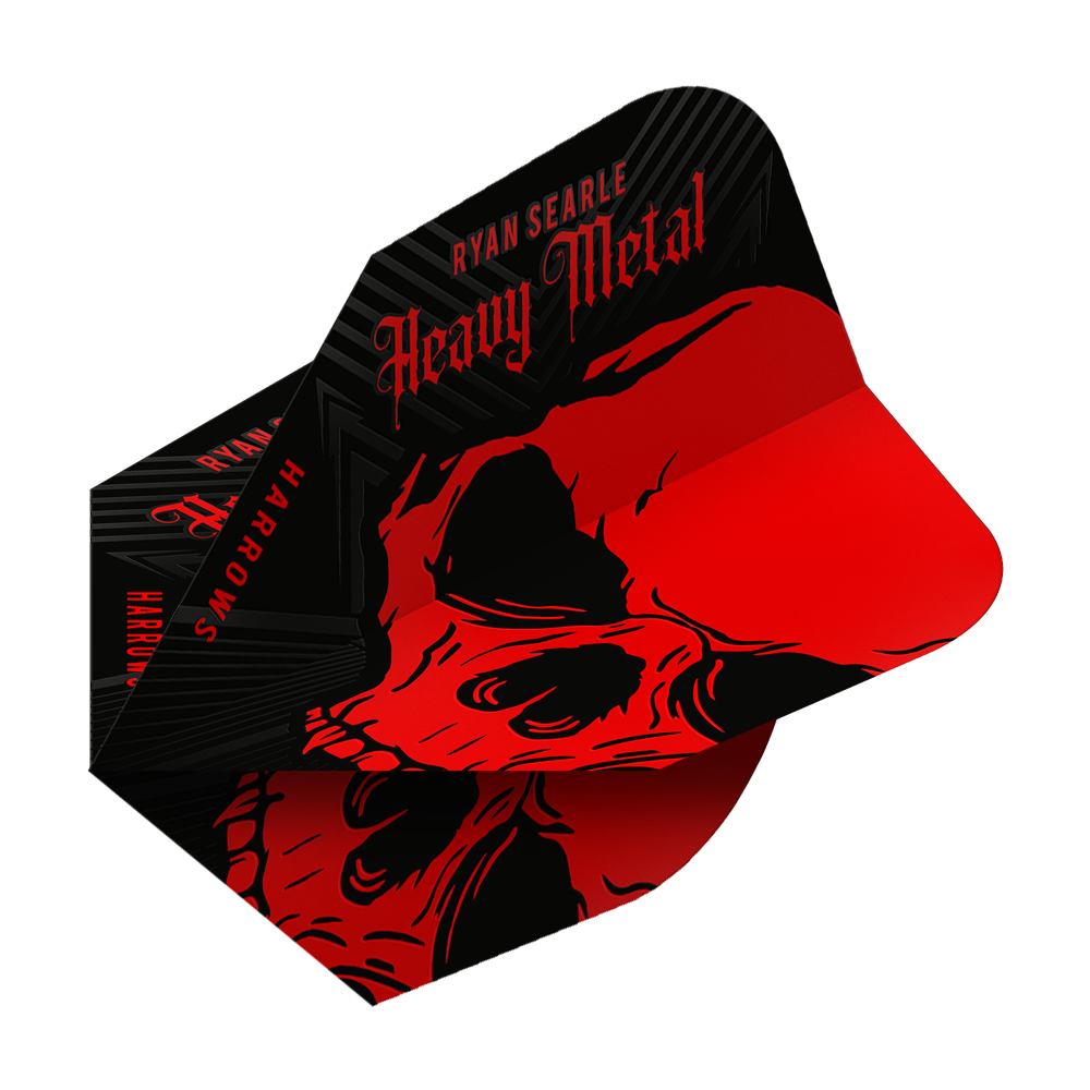 Harrow's Ryan Searle Heavy Metal No6 Flights Das Bild zeigt das Produkt "Harrows Ryan Searle Heavy Metal No6 Flights". Die Flights sind schwarz und rot gestaltet und zeigen einen auffälligen Totenkopf mit dem Schriftzug "Heavy Metal".