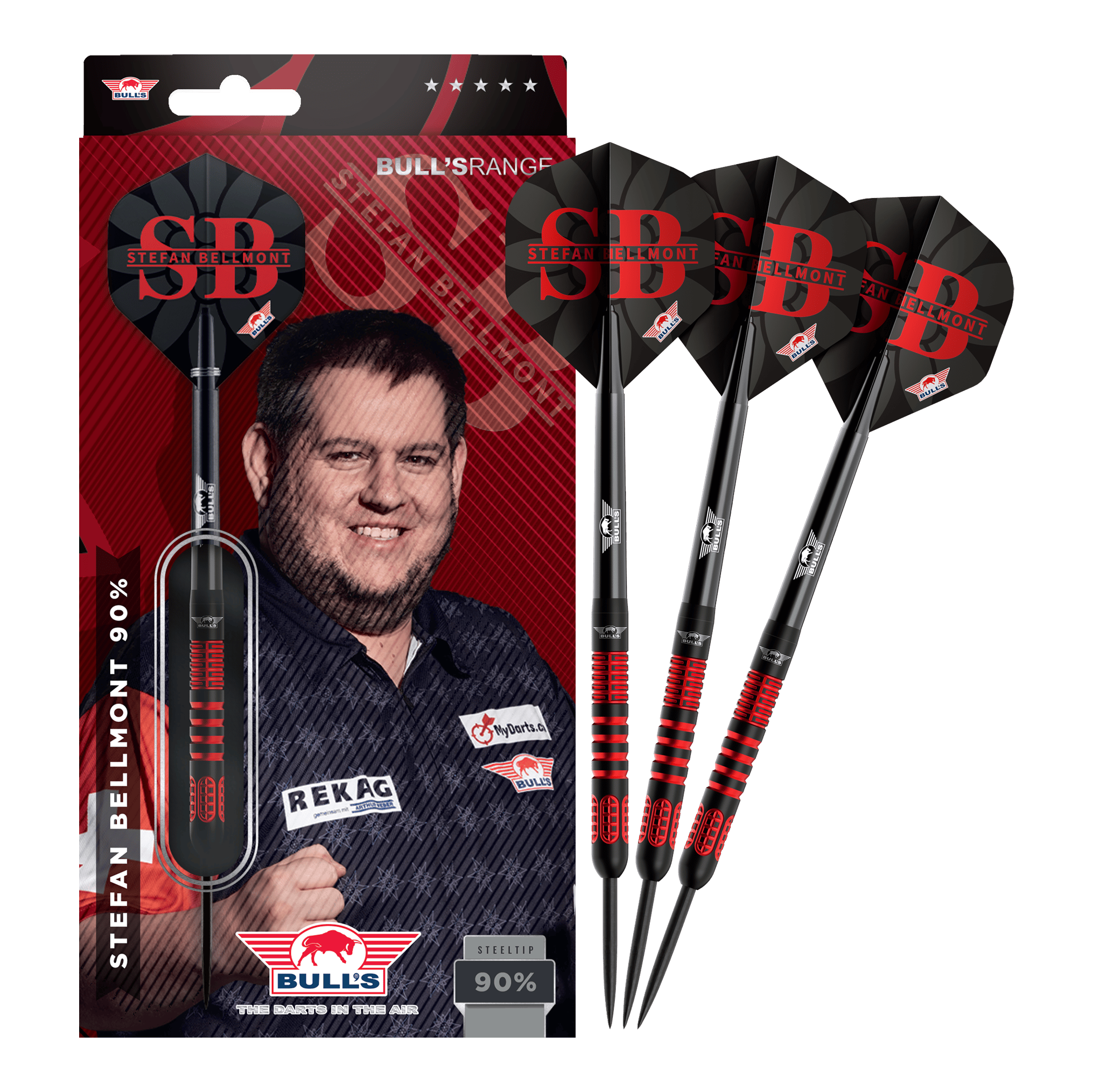 Das Bild zeigt die vollständigen Bulls NL Stefan Bellmont 90 Steeldarts 23g. Die Darts sind in einem Set abgebildet und überzeugen durch ihre Verarbeitung.
