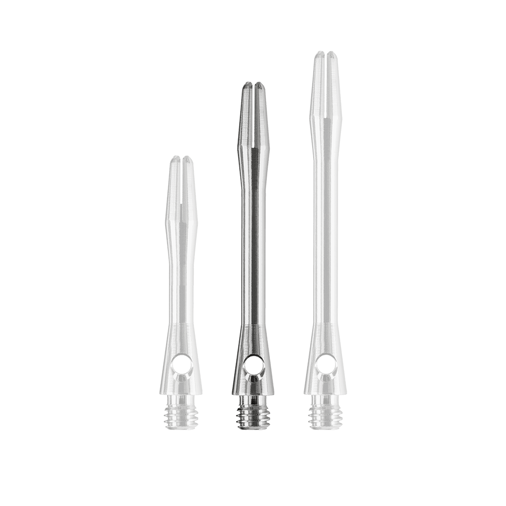 HR370_Harrows_Keramic_Shafts_Gun_Metal_41mm_1DsbEJUUkJZ3Jz Auf dem Bild sind drei Harrows Keramic Shafts in Gun Metal Farbe zu sehen. Sie unterscheiden sich in der Länge und sind aus Metall gefertigt.