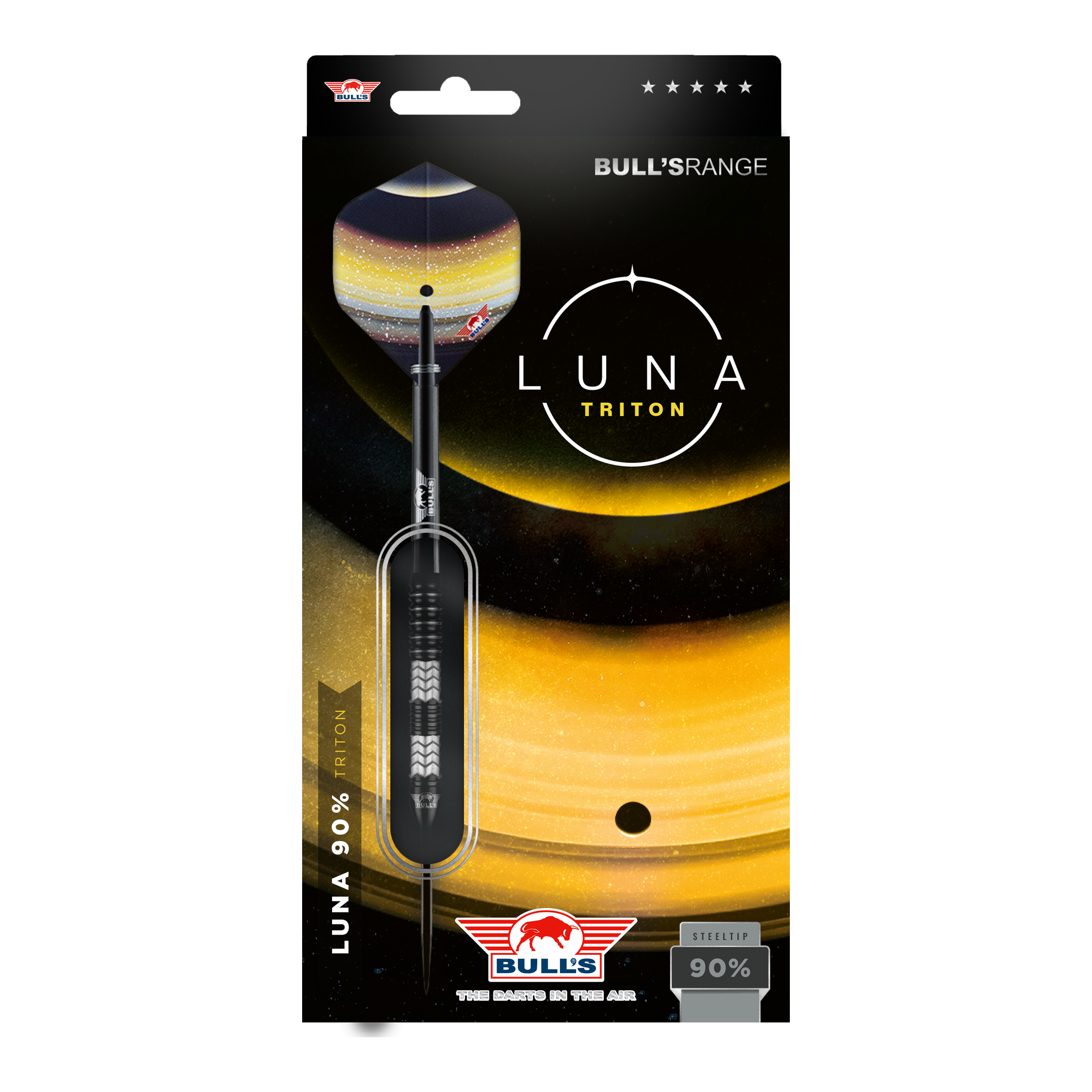Bulls NL Luna Triton steel darts Das Bild zeigt die Verpackung der "Bulls NL Luna Triton Steeldarts". Die Verpackung ist schwarz-gelb gestaltet und hebt den Dartpfeil sowie den Schriftzug "Luna Triton" hervor.