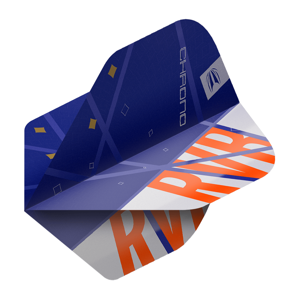 Das Bild zeigt ein Dartflight-Set aus der Serie "Target Pro Ultra Raymond Van Barneveld Chrono No2 Standard Flights". Das Flight ist vorwiegend blau mit orangefarbenen Buchstaben "RVB" und dekorativen Elementen.
